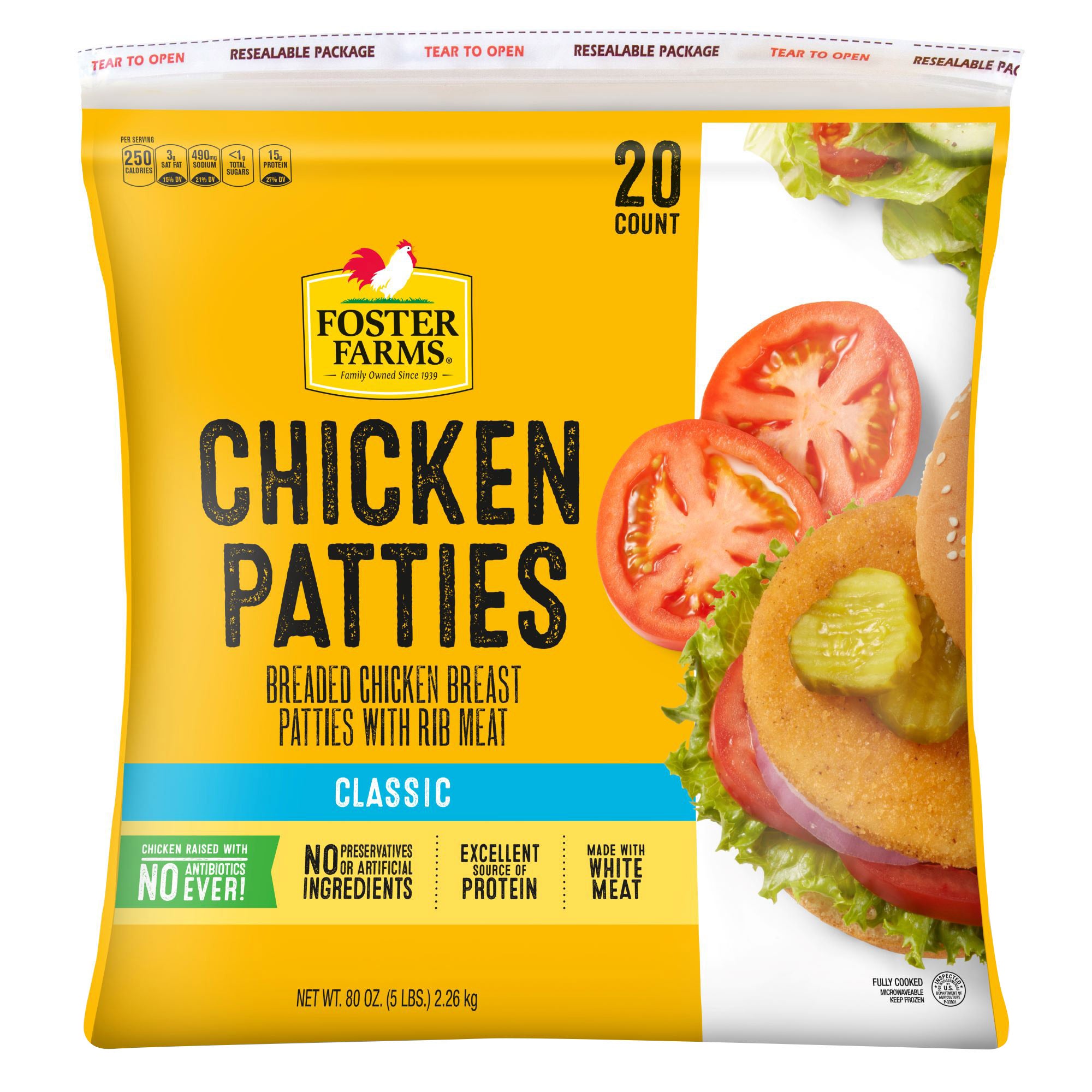 FOSTER FARMS BREADED CHICKEN PATTIE 20 COUNT 5 POUNDS