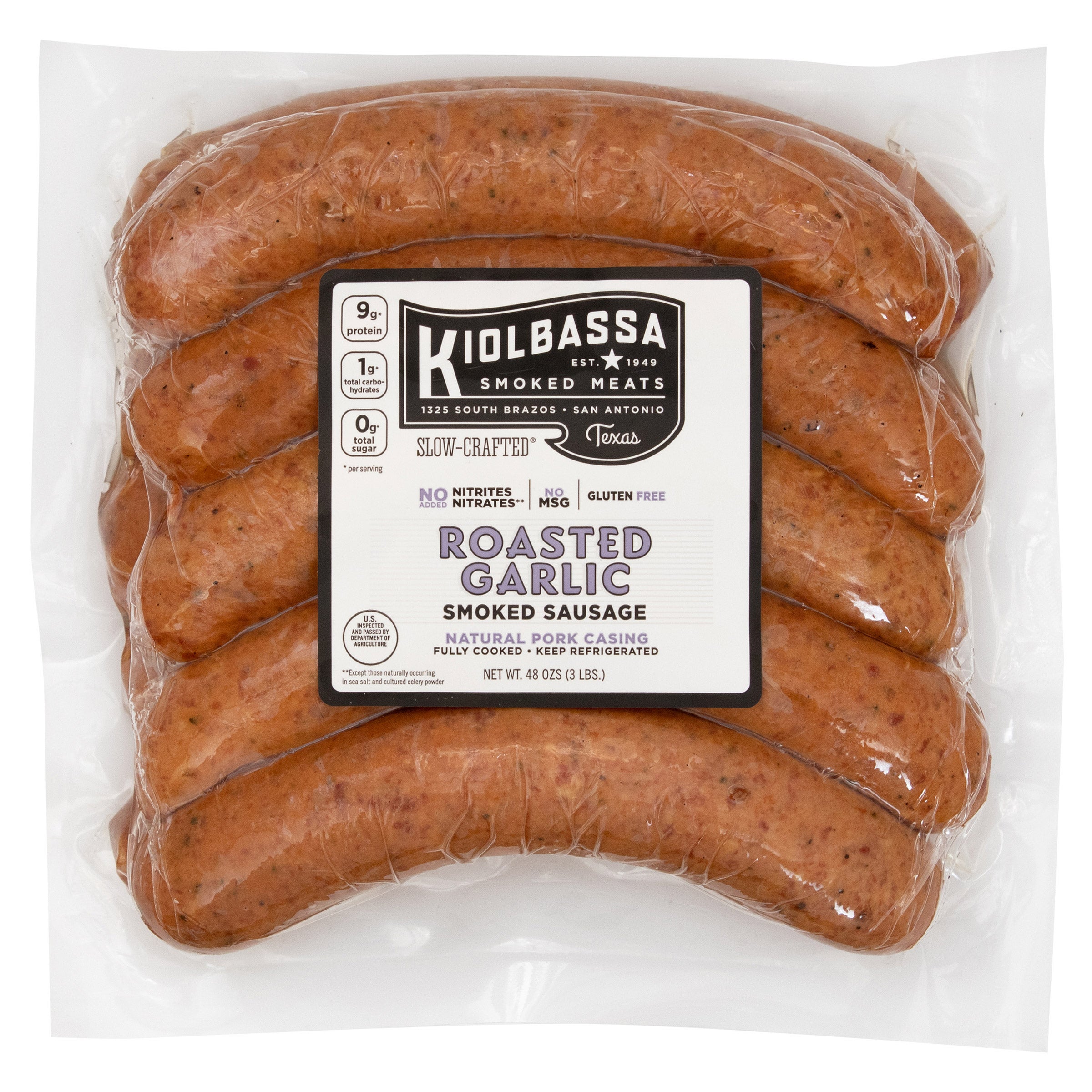 KIOLBASSA ROASTED GARLIC SAUSAGE 48 OUNCE PACKAGE