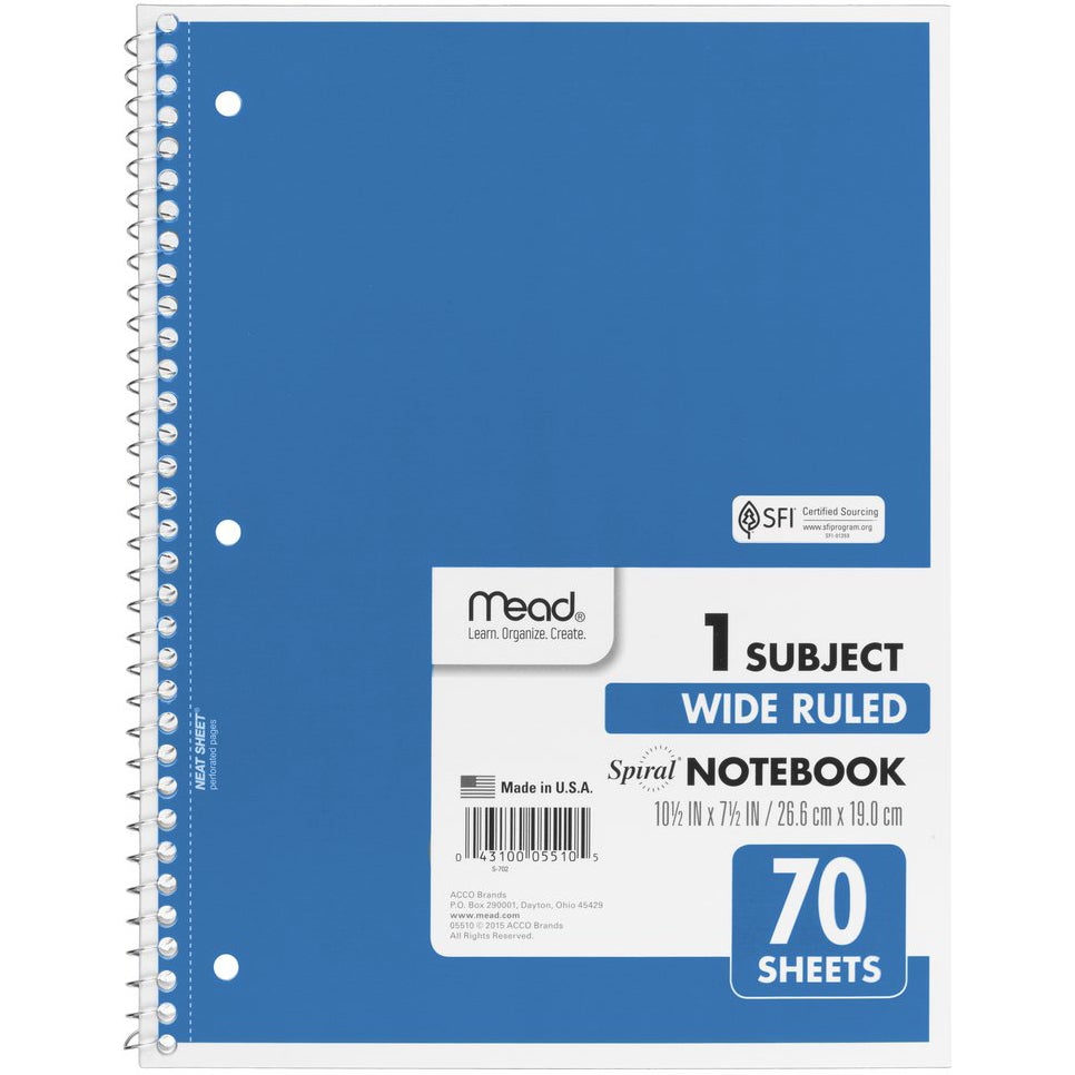 MEAD NOTEBOOK WIDE RULED 7.5X10.5 MEA05510KT 70PG 12CT - Image 1