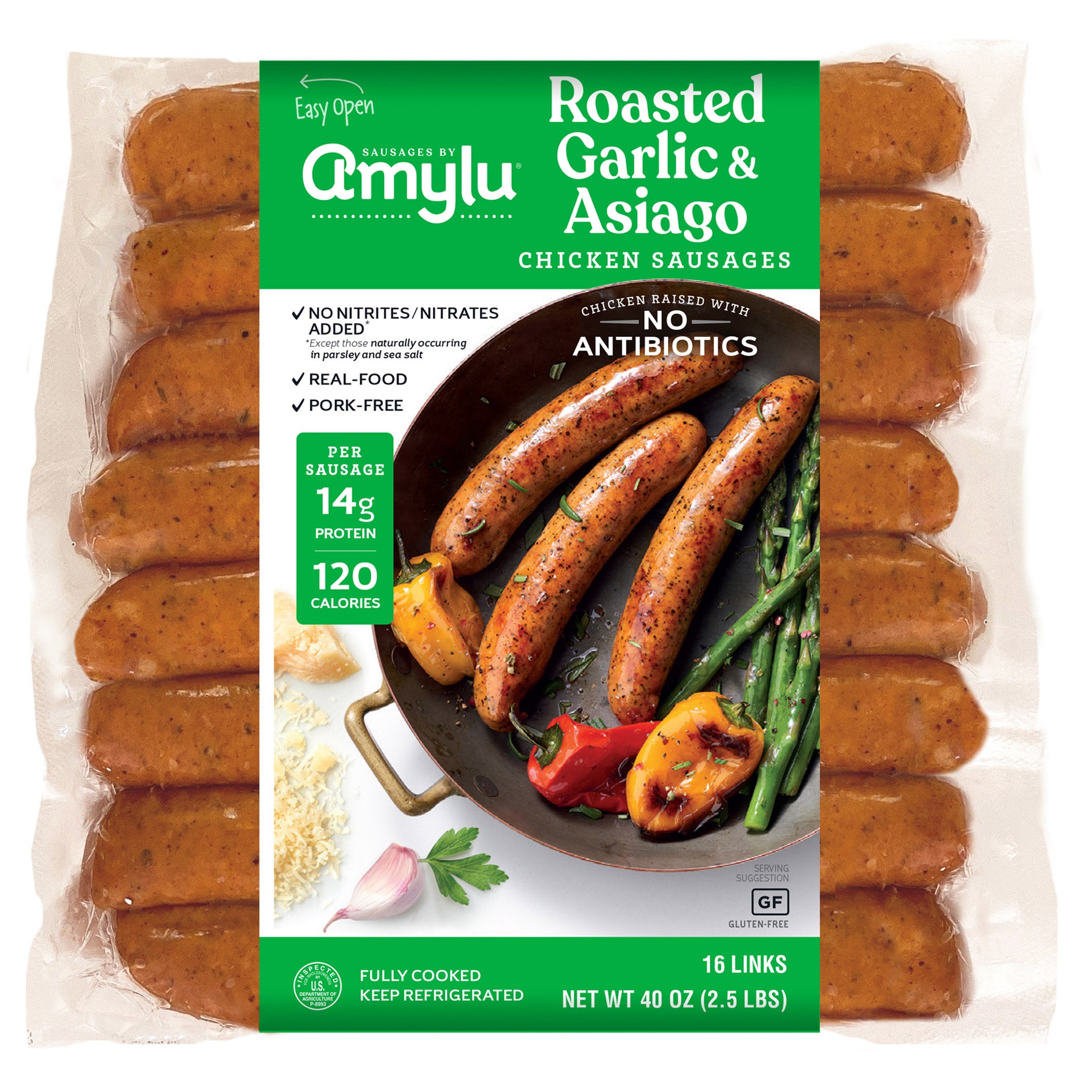 AMYLU ABF CHICKEN GARLIC ASIAGO SAUSAGE 2/20 OZ (2.5 LBS)