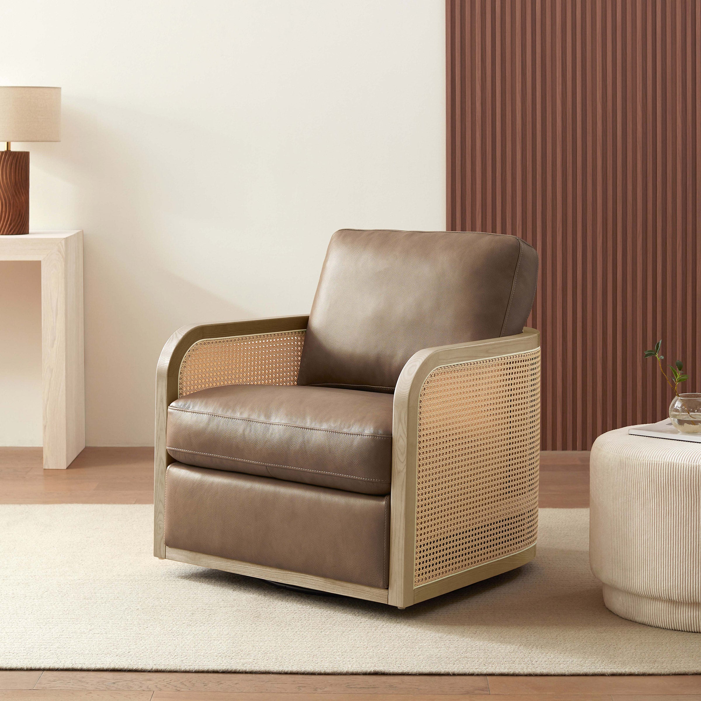 AIDEN & IVY HARLEY LEATHER CHAIR WITH ARTIFICIAL RATTAN