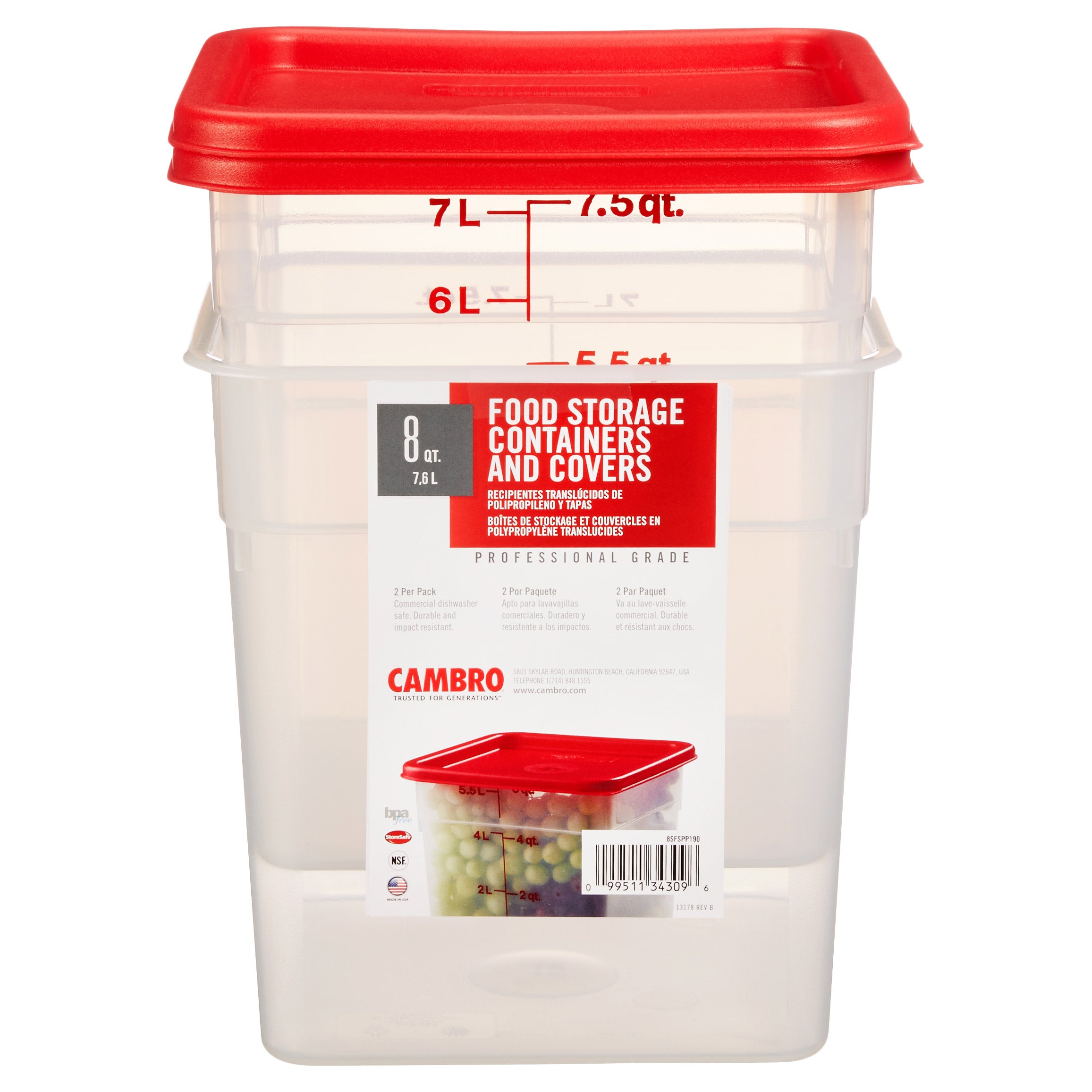 CAMBRO CAMSQUARE 8QT STORAGE CONTAINER W/LID 2PK - Image 1