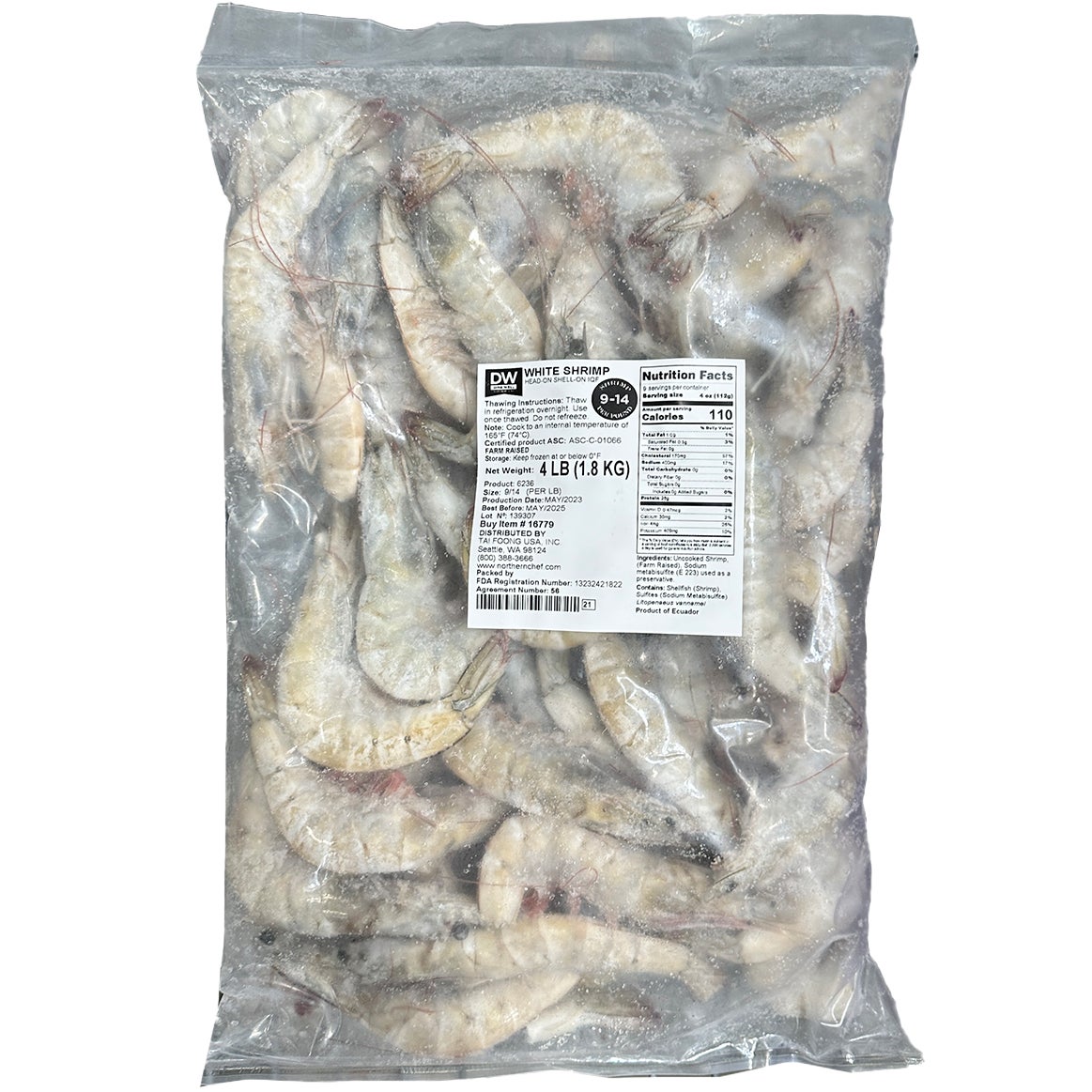 WHOLE HEAD ON FARMED WHITE SHRIMP 9/14 CT 4 LB BAG
