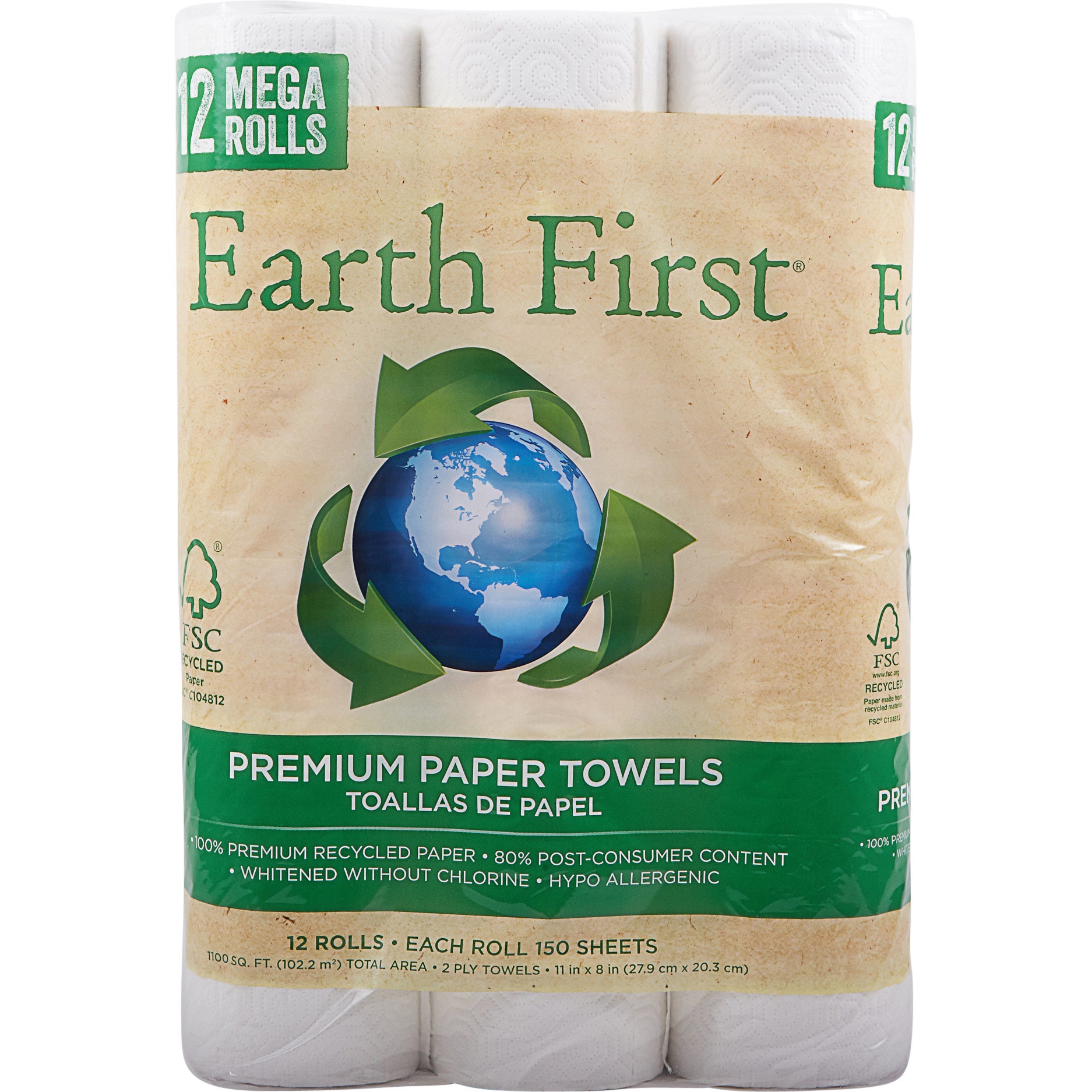 EARTH FIRST RECYCLED PAPER TOWEL 12 ROLLS / 150 SHEETS