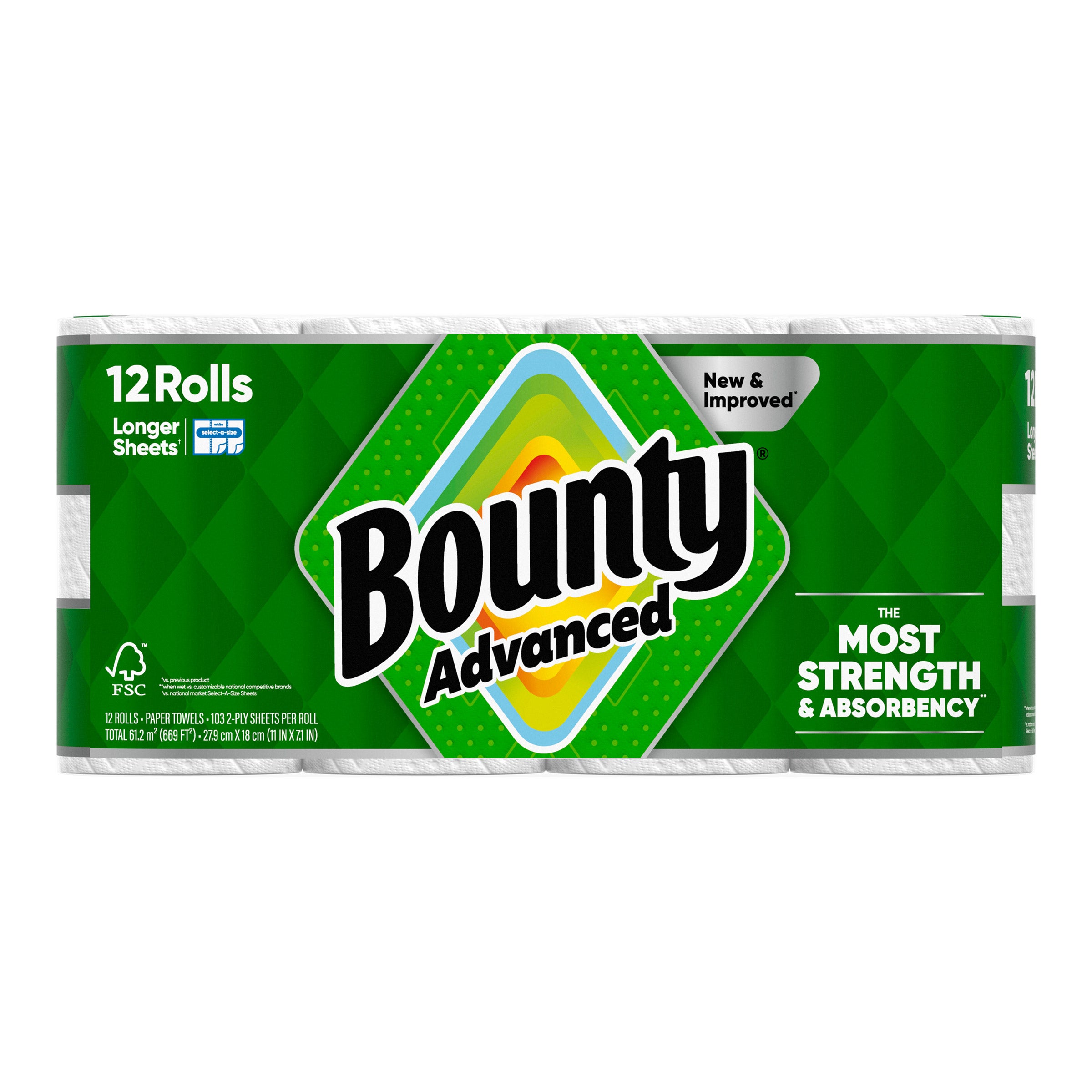 BOUNTY ADVANCED PAPER TOWEL 669 SQFT 12 ROLLS / 103 SHEETS - Image 1