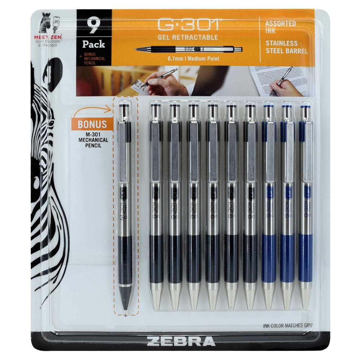ZEBRA G-301 GEL RETRACTABLE PEN 9 PENS W/ BONUS PENCIL
