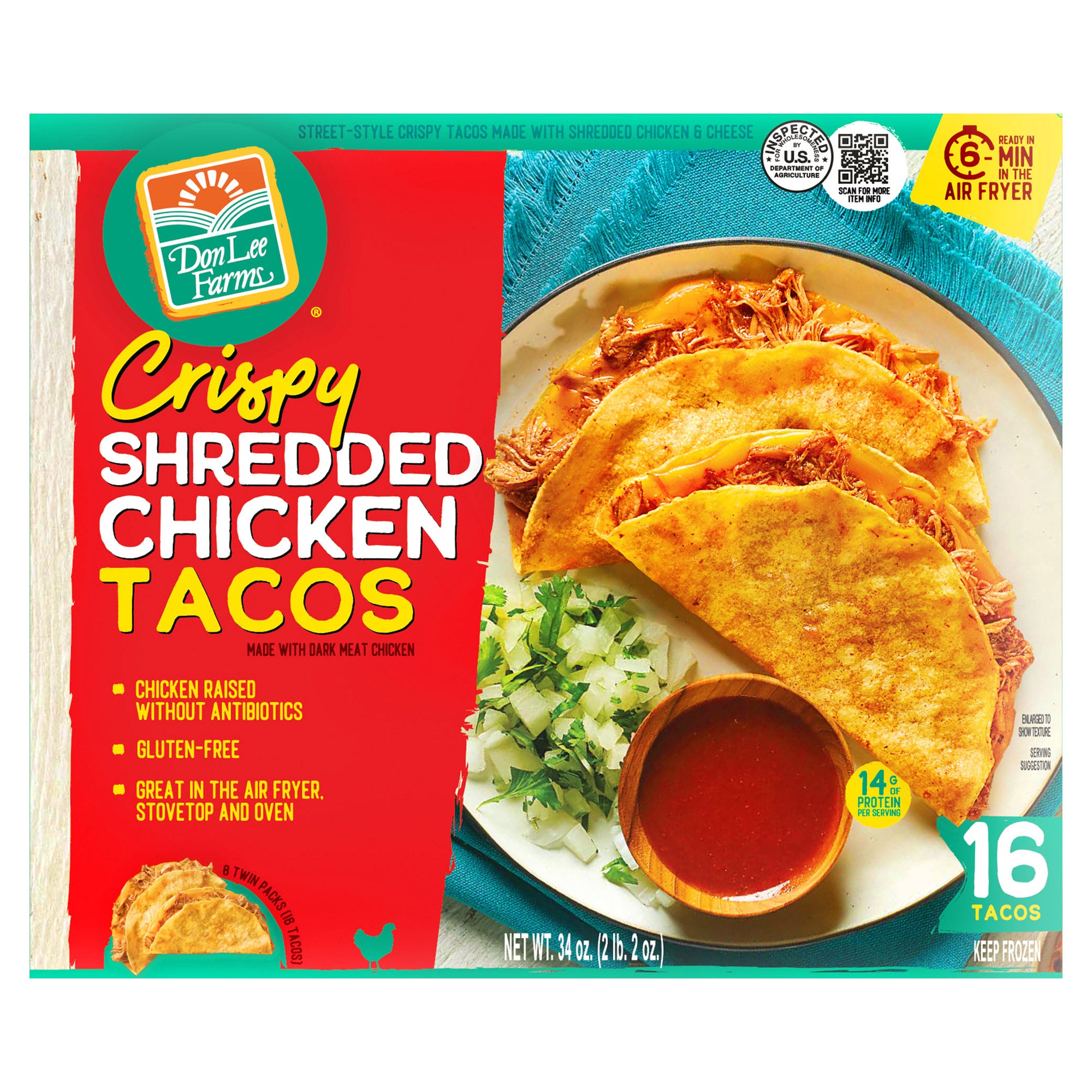 DON LEE FARMS CRISPY CHICKEN TACOS 16 COUNT 34 OUNCES