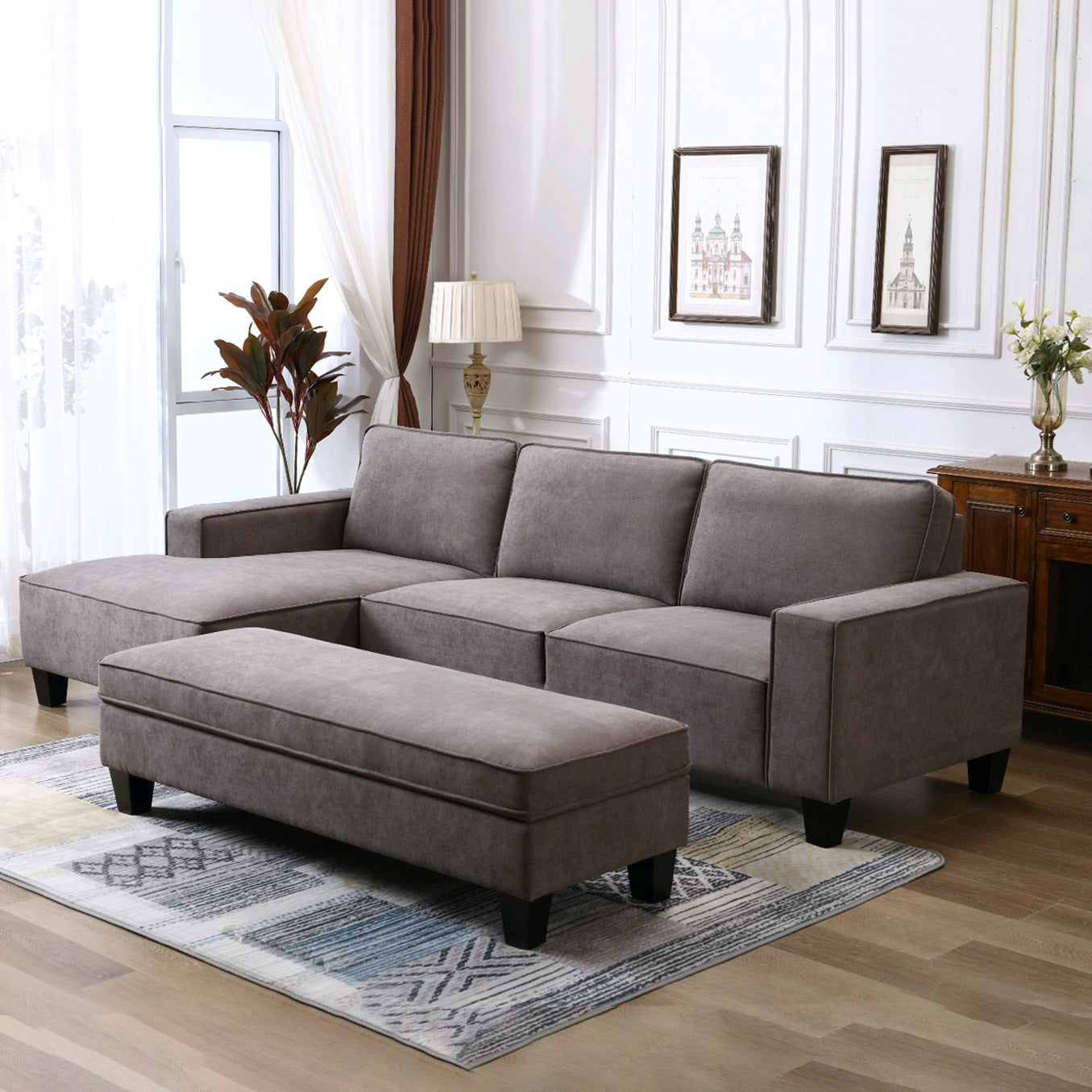 FABRIC SECTIONAL WITH STORAGE OTTOMAN