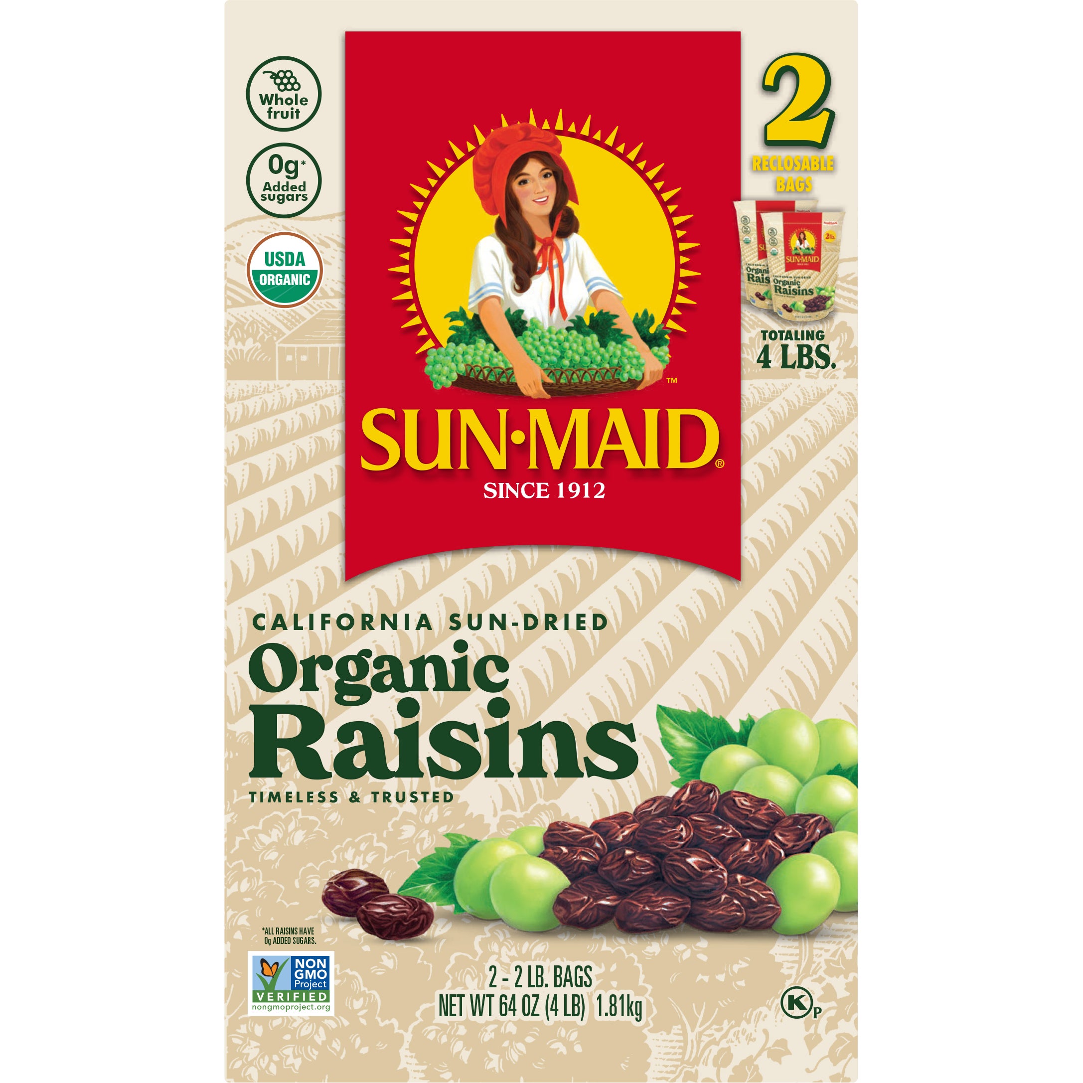 SUN MAID ORGANIC RAISINS 2/32 OUNCE BAGS - Image 1