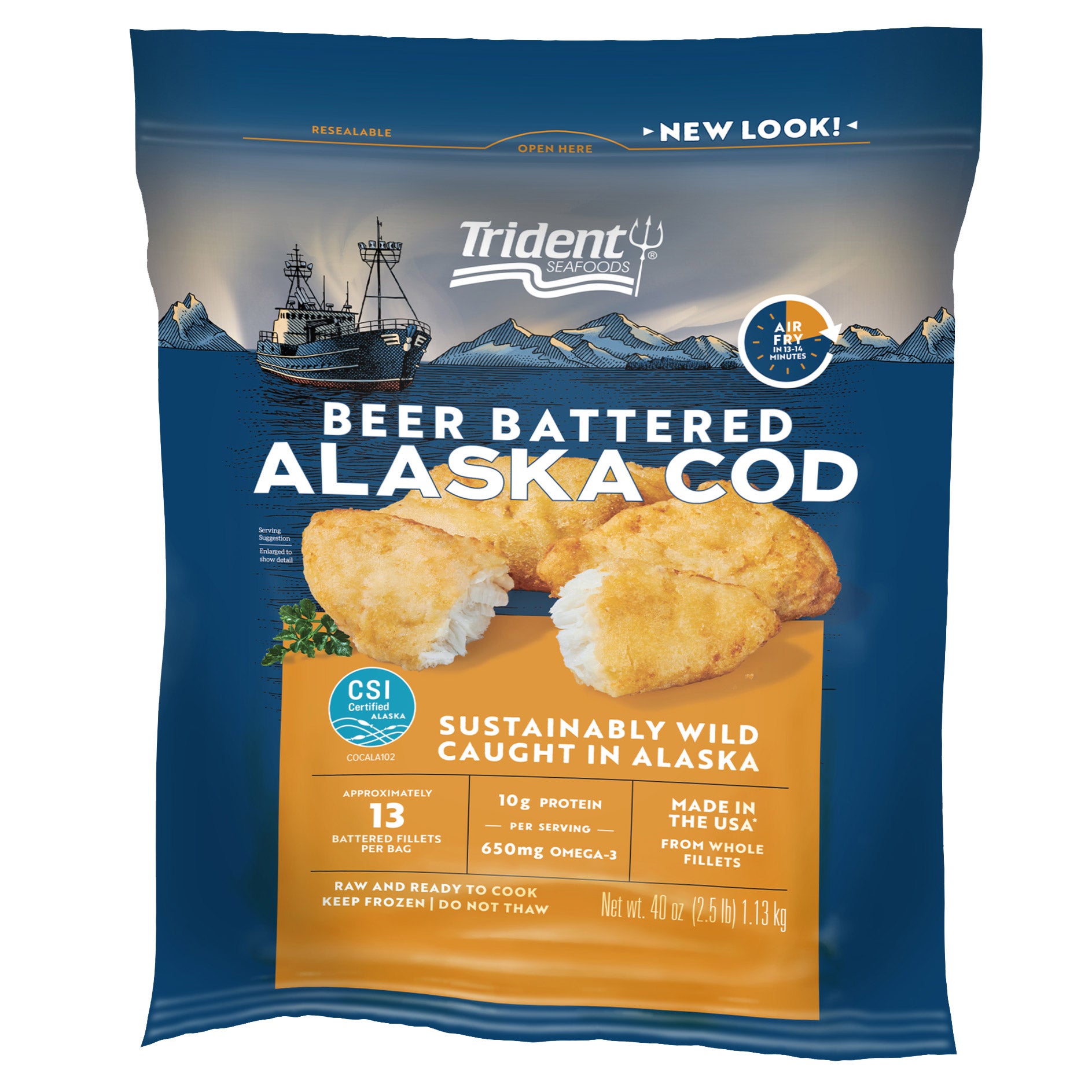 TRIDENT SEAFOODS BEER BATTERED WILD COD 2.5 POUNDS - Image 1