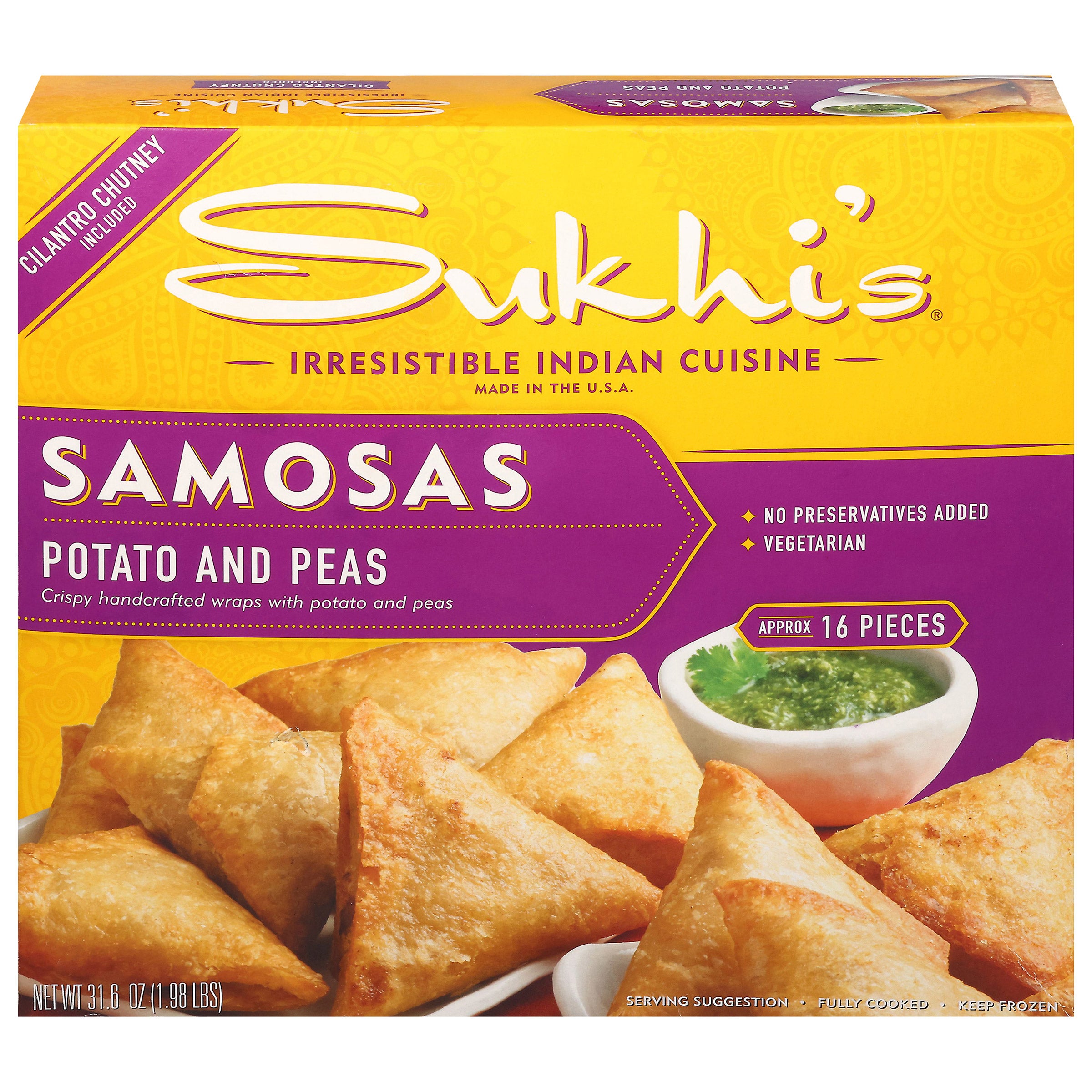 SUKHI'S POTATO SAMOSA WITH CILANTRO CHUTNEY 16 COUNT 31.6 OUNCES - Image 1