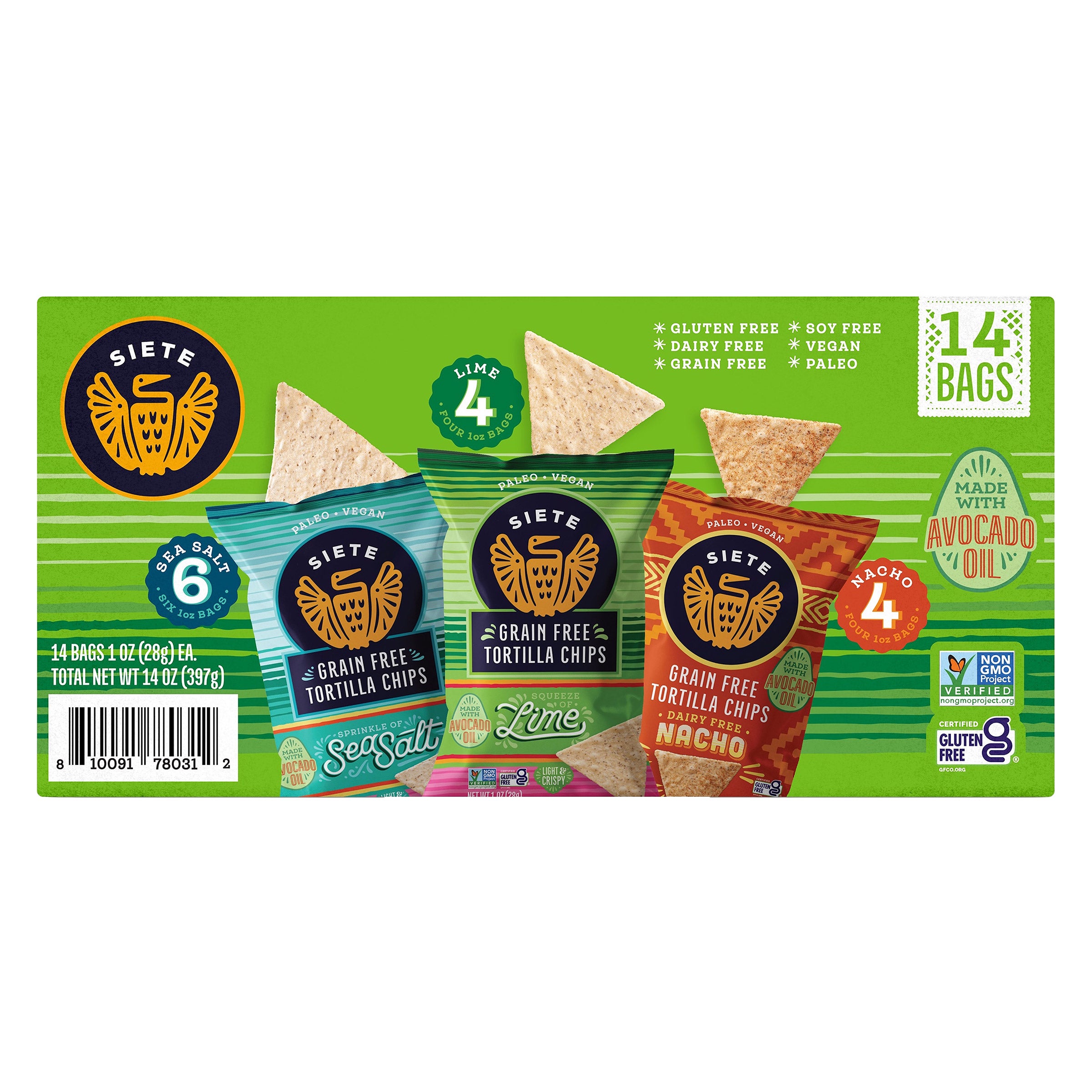 SIETE GRAIN FREE TORTILLA CHIPS VTY PK 14 CT / 1 OZ