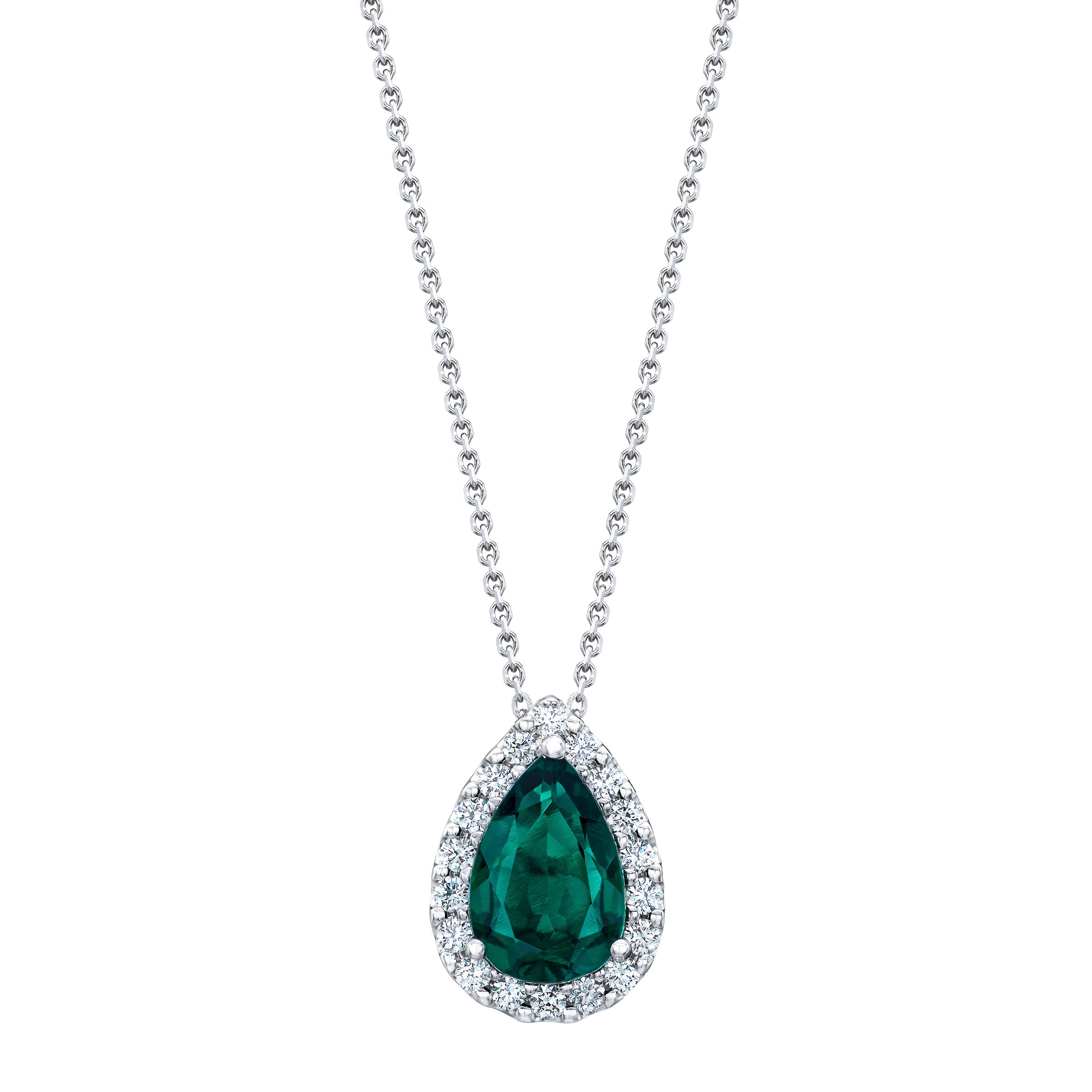 14KT WHITE GOLD VS2 I 0.45CTW DIAMOND & PEAR LAB EMERALD PENDANT - Image 1
