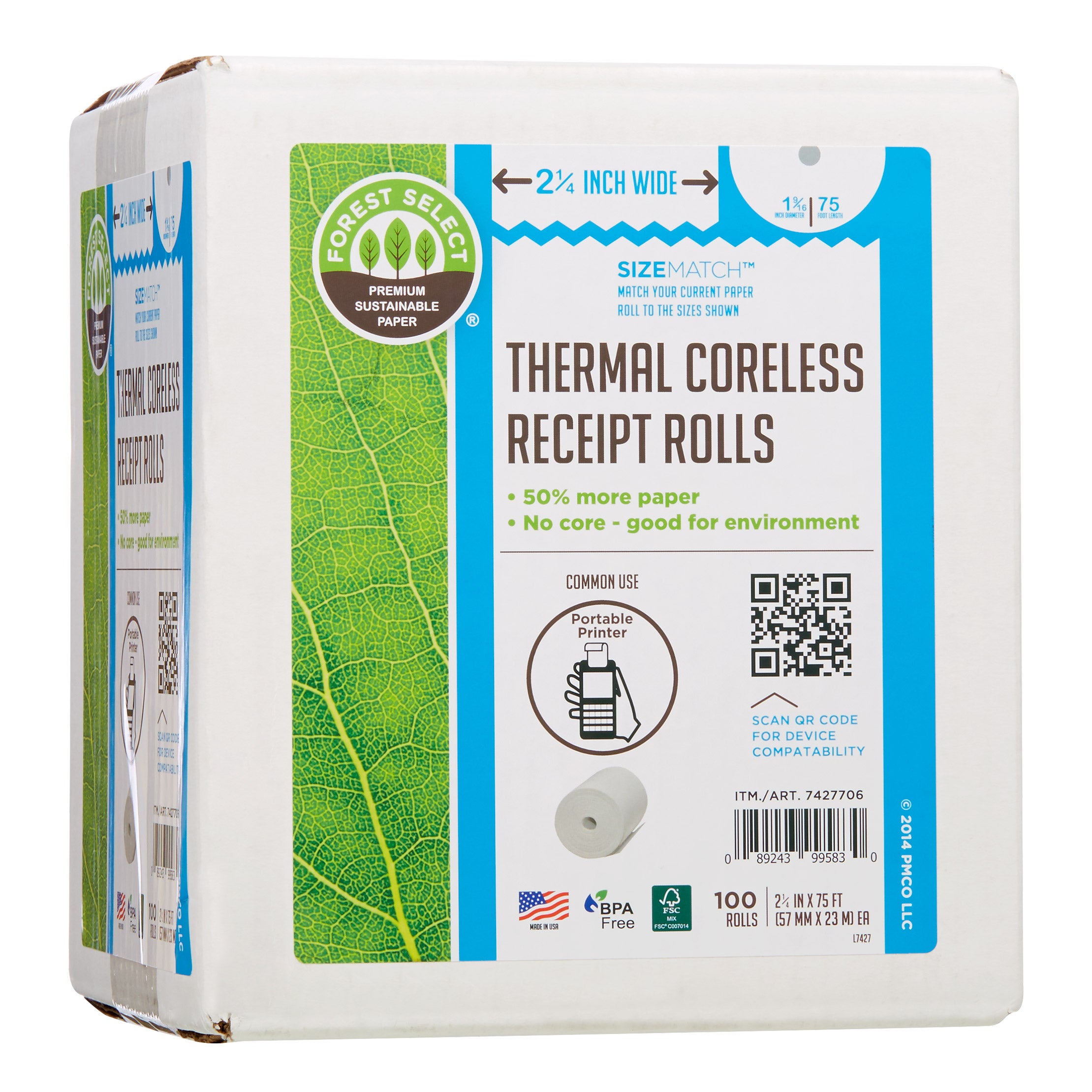 FOREST SELECT THERMAL PAPER ROLLS 2 1/4¨ X 75' 100 CT
