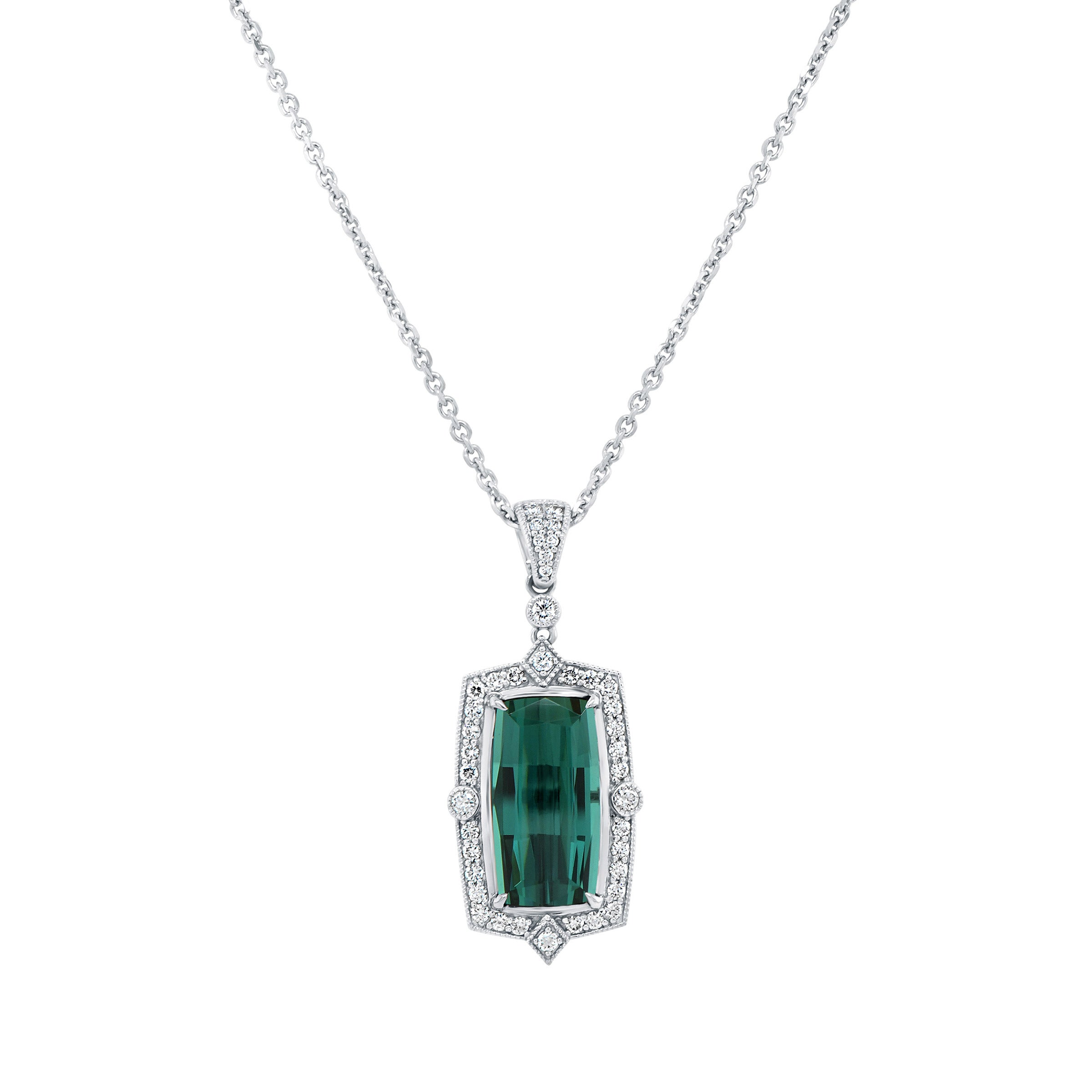 3.78CT CUSHION BLU/GRN TOURMALINE 0.37CTW DIA 18KT WHTE GOLD PENDANT - Image 1
