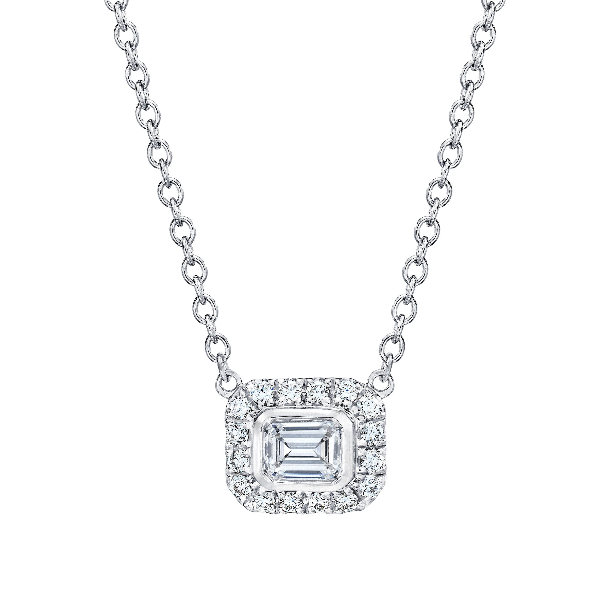 14KT WHITE GOLD VS2 I 0.66CTW EMERALD CUT DIAMOND HALO PENDANT