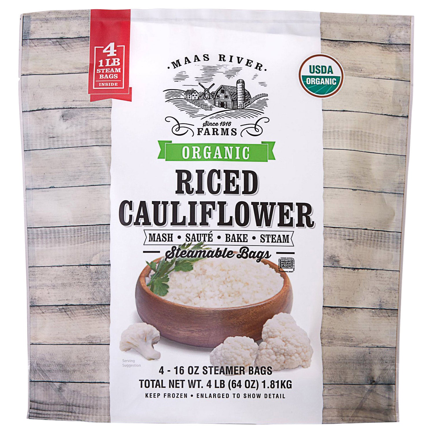 MAAS RIVER ORGANIC RICED CAULIFLOWER 4/1 LB STEAM BAGS