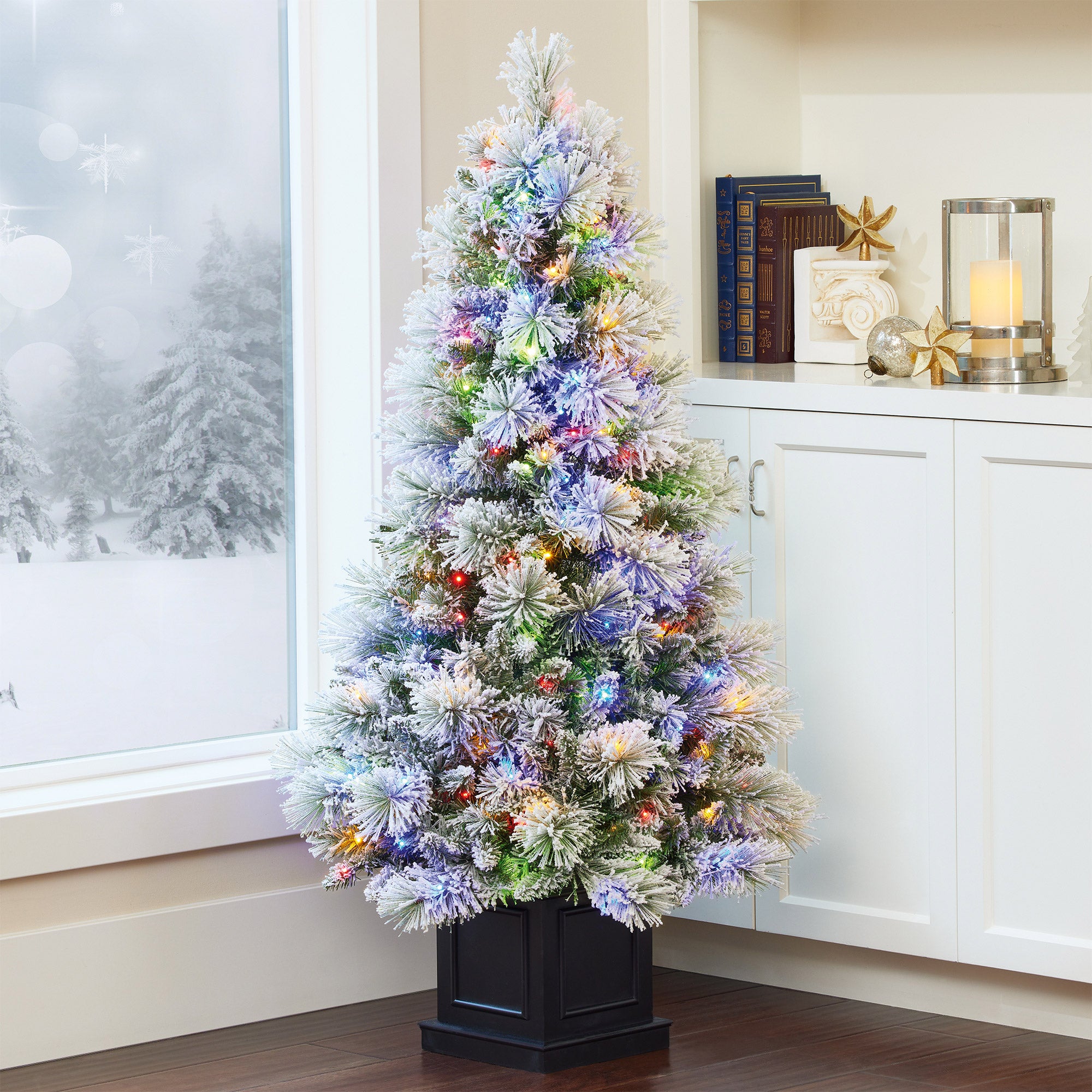 4.5' PRE-LIT GLITTER FLOCKED POTTED TREE - Image 1