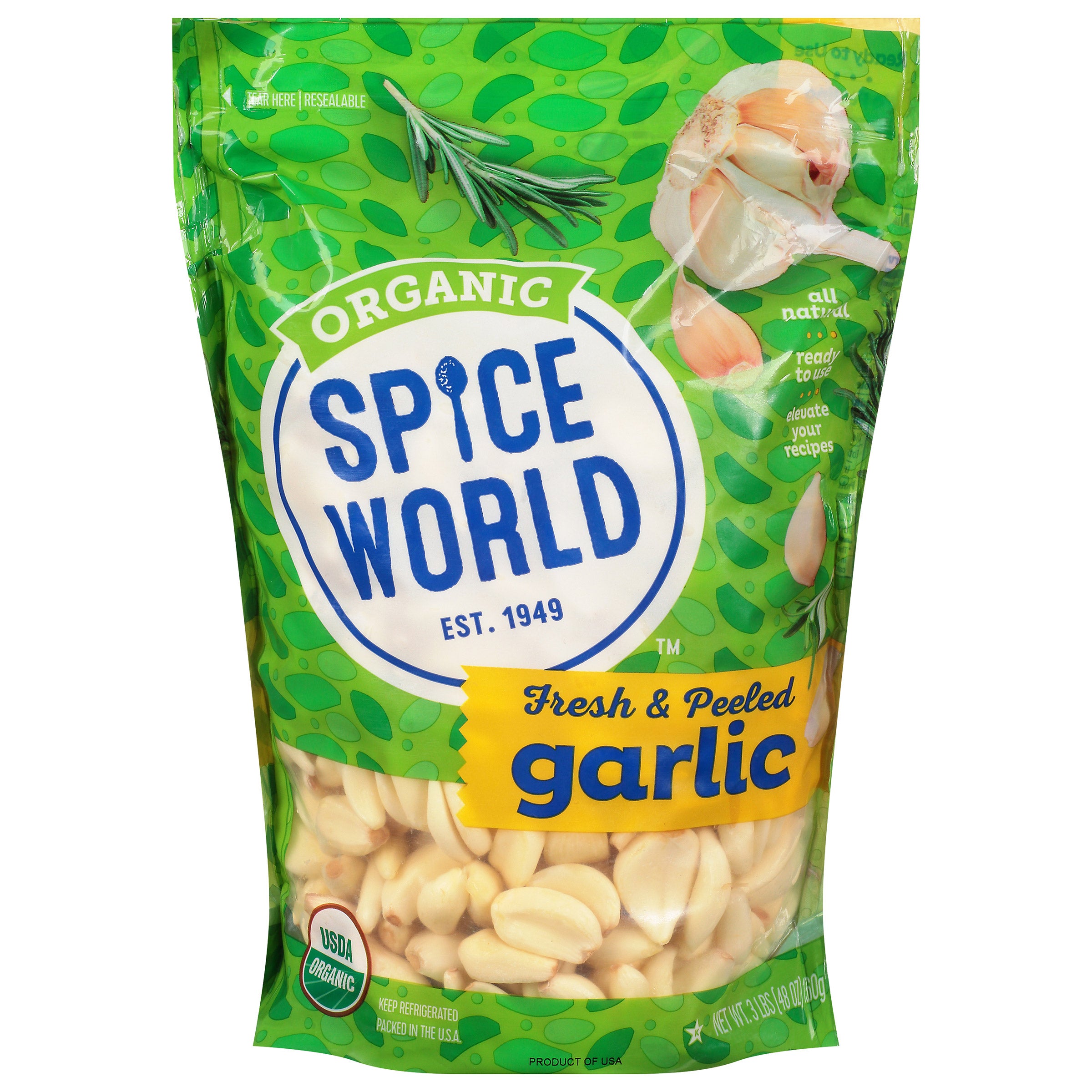 SPICE WORLD ORGANIC PEELED GARLIC 3 LB - Image 1