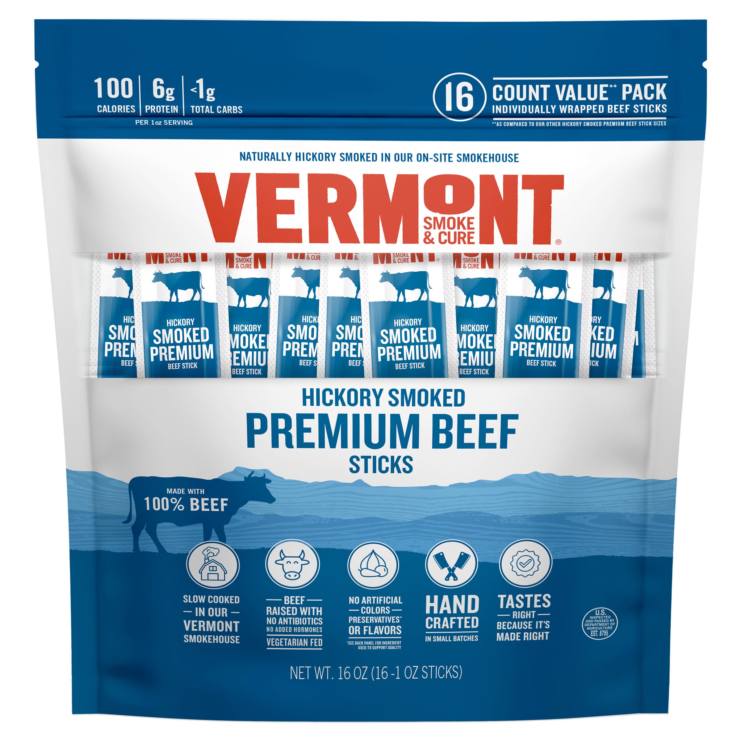 VERMONT SMOKE & CURE ALL-BEEF MEAT STICKS 16 CT (1.0 LBS) - Image 1