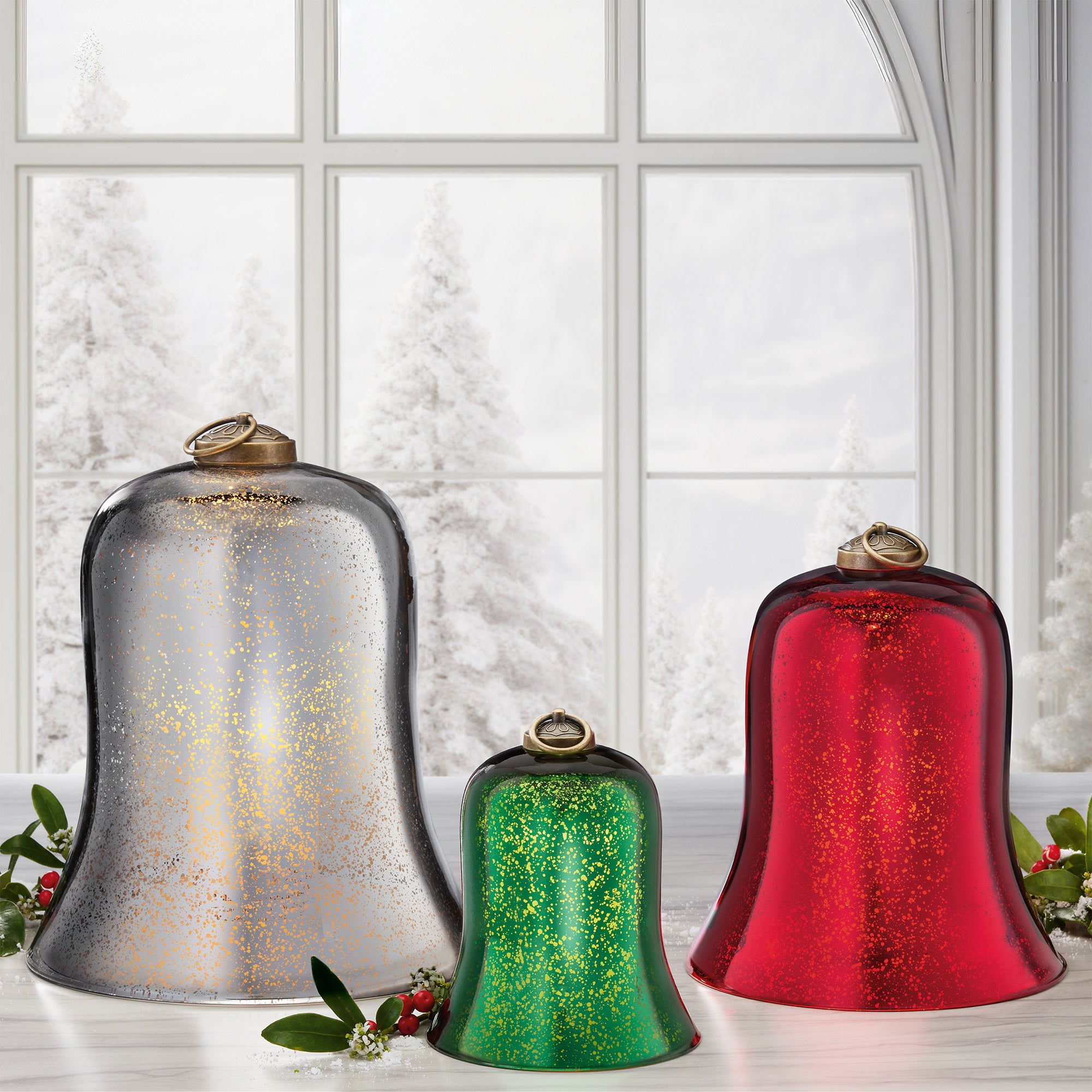 GLASS BELLS WITH LED CANDLES SET OF 3