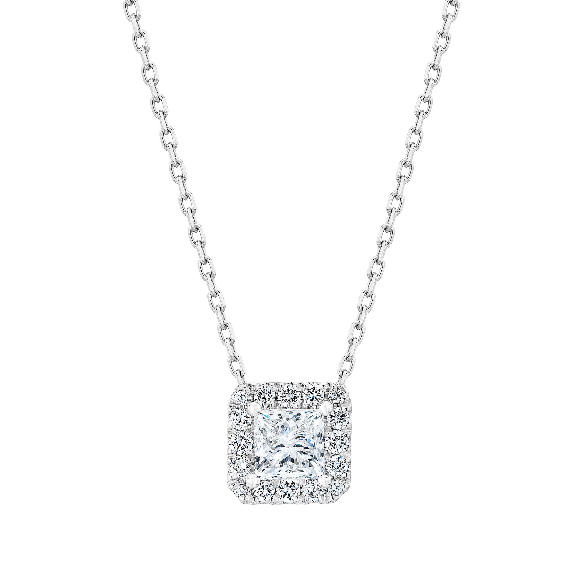 14KT WHITE GOLD VS2 I 0.63CTW PRINCESS CUT DIAMOND HALO NECKLACE - Image 1