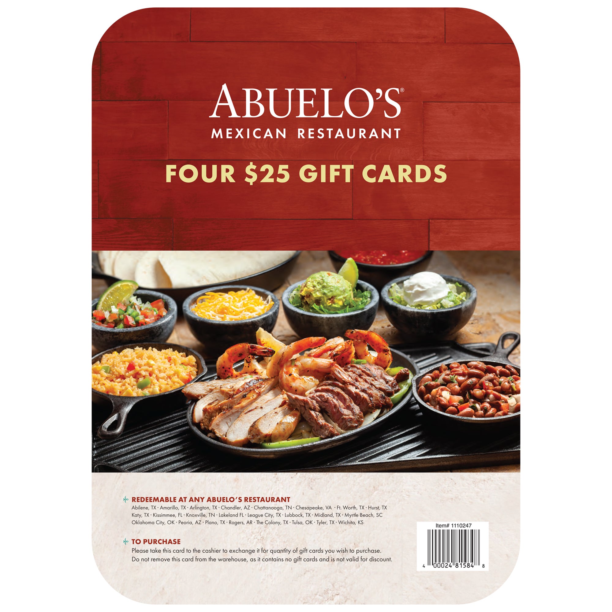 ABUELO'S MEXICAN 4/$25 GIFT CARDS ITEM IS NON-REFUNDABLE - Image 1