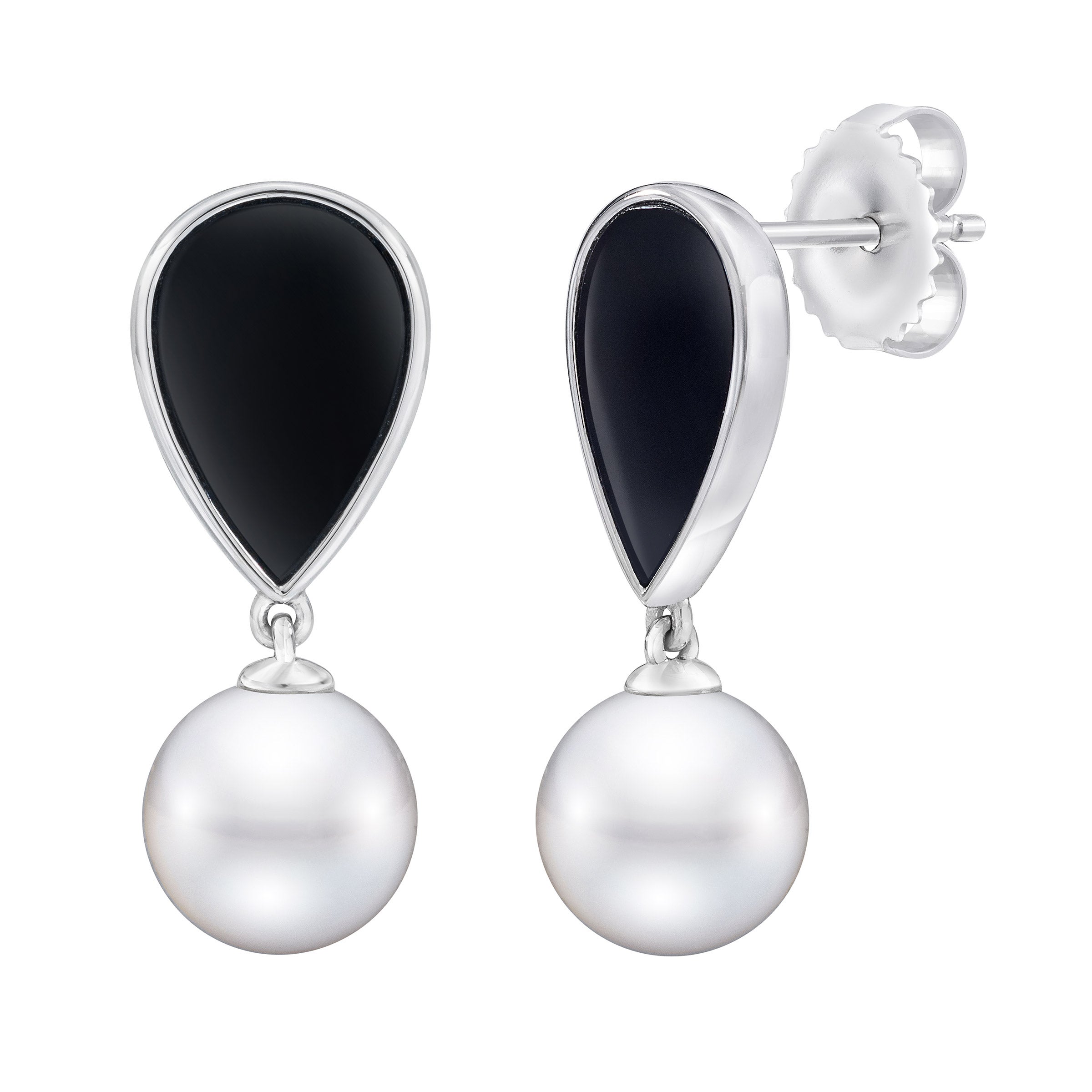 14KT GOLD BLACK ONYX & FRESHWATER CULTURED PEARL 8-9MM EARRINGS - Image 1