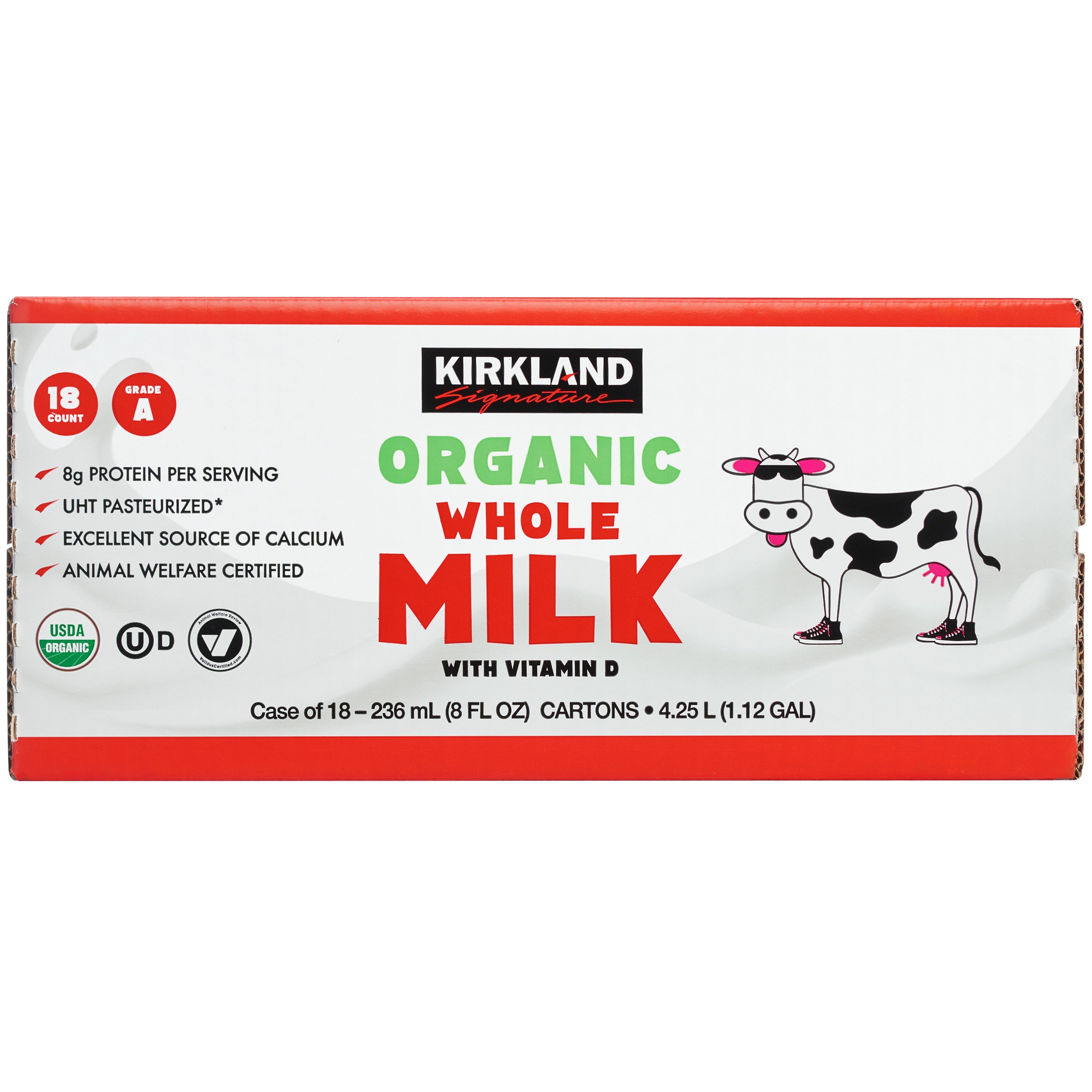 KIRKLAND SIGNATURE ORGANIC WHOLE MILK 18 PACK 8 OUNCES EACH