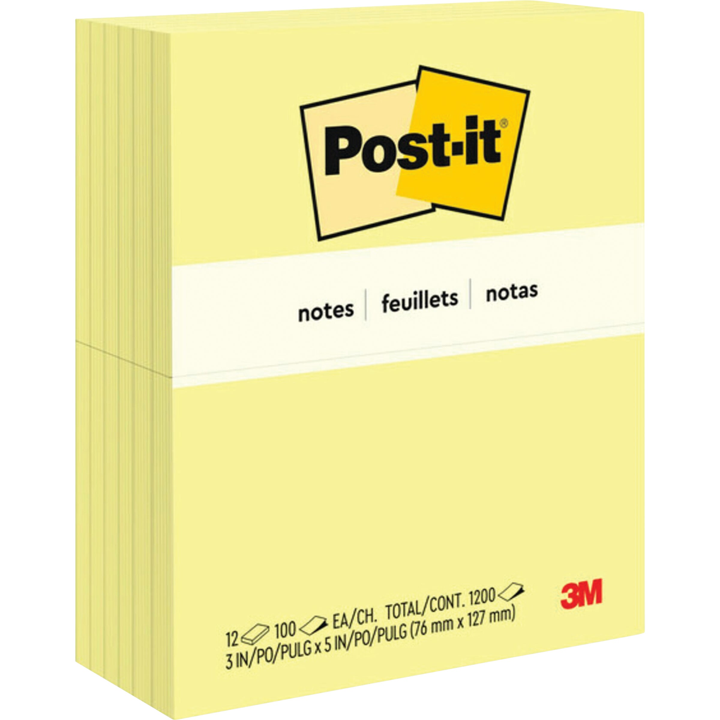 POST-IT 3X5 NOTE PAD CANARY/PLAIN/12PK