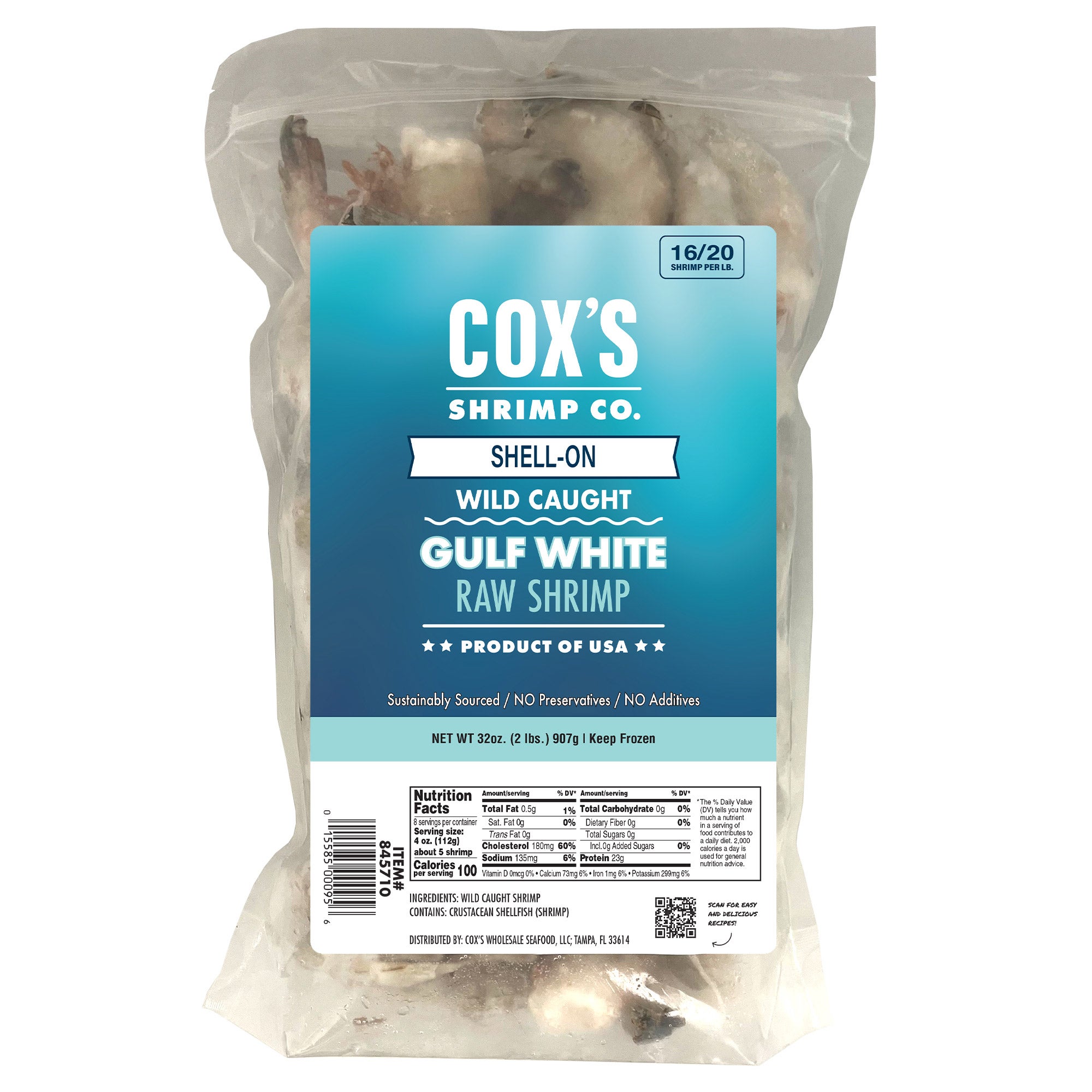 COX'S SEAFOOD RAW GULF WHITE SHRIMP 16/20 CT PER LB /2 LBS - Image 1