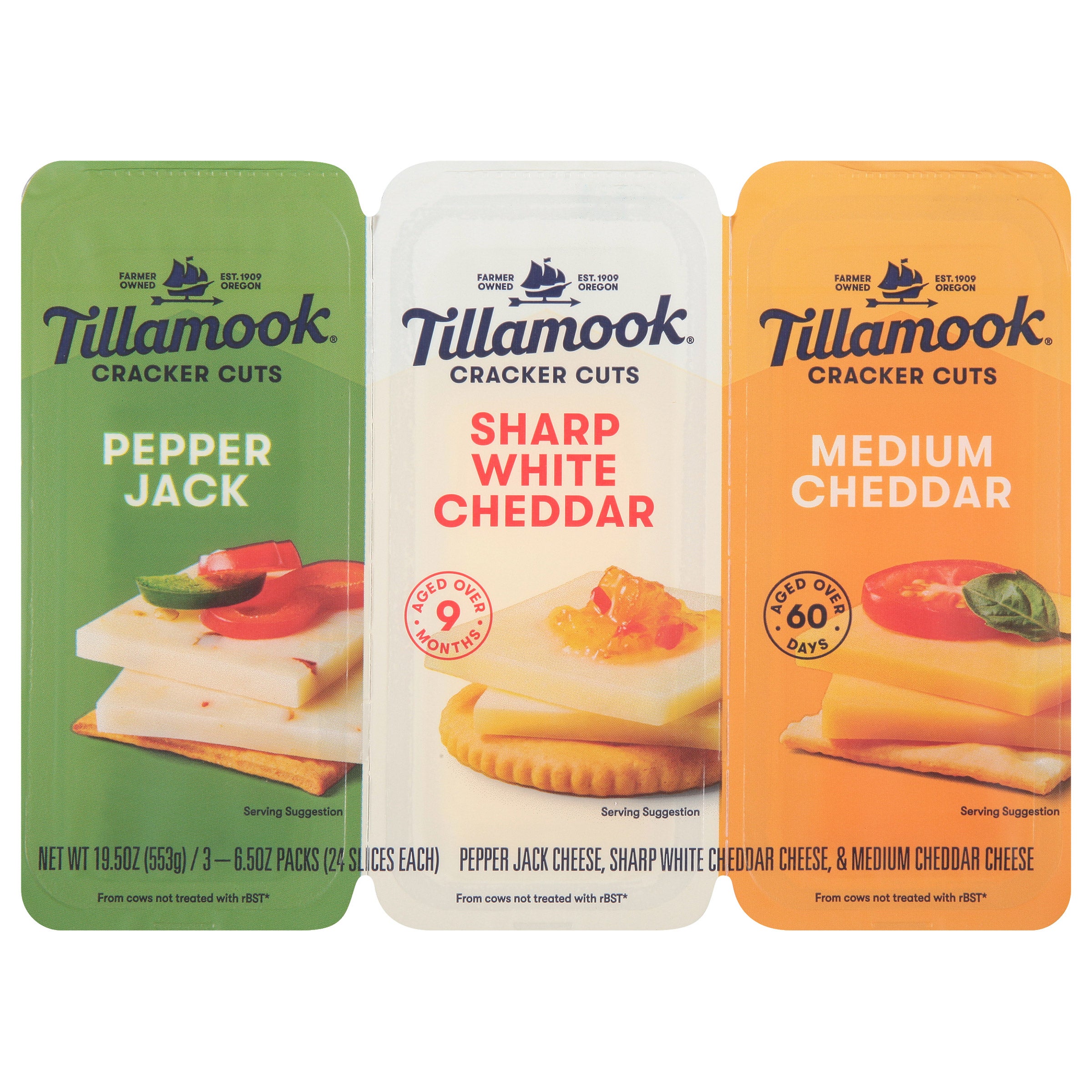 TILLAMOOK CRACKER CUT CHEESE 3/6.5 OUNCE PACKAGES