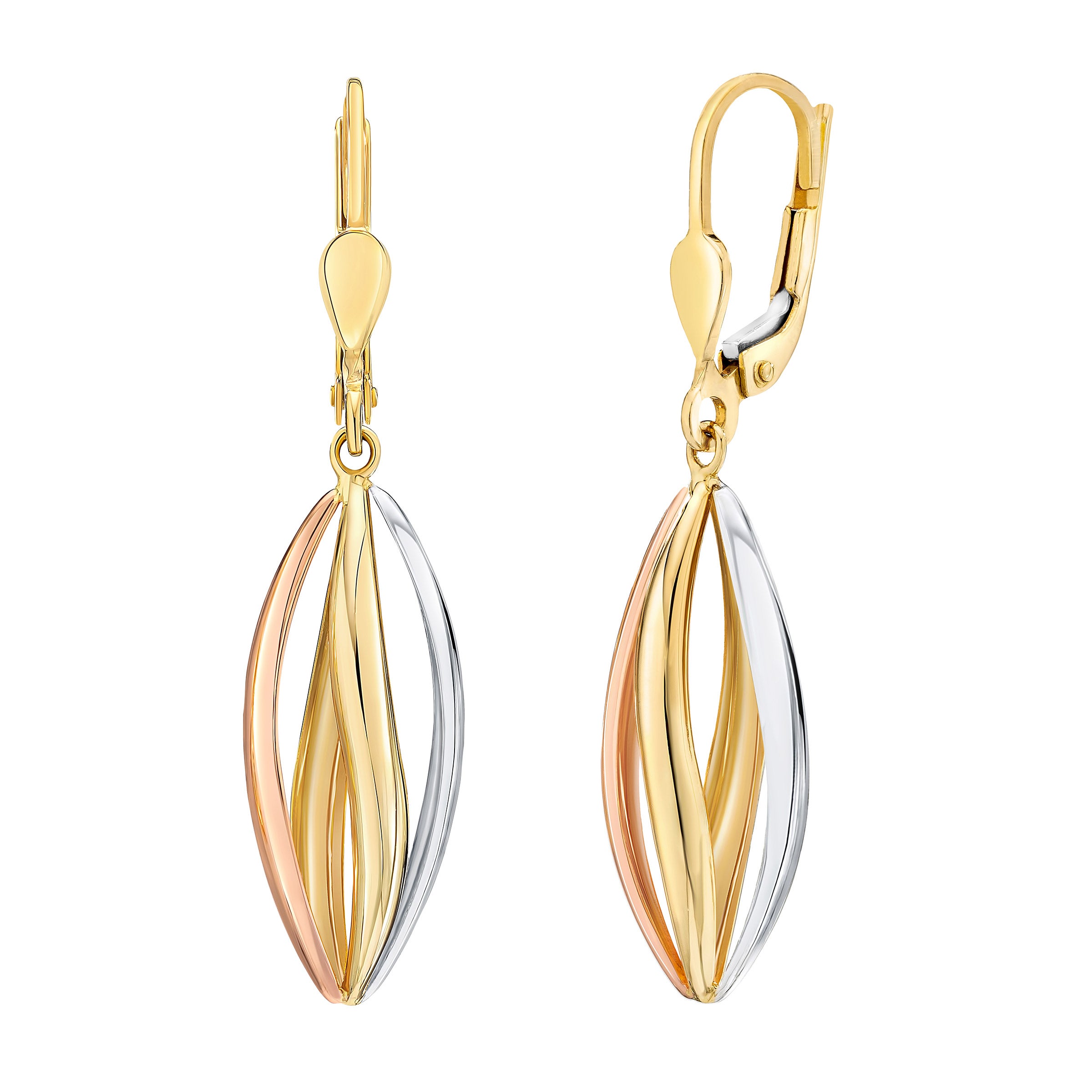 14KT TRI COLOR GOLD TWIST DANGLE HIGH POLISHED EARRINGS - Image 1