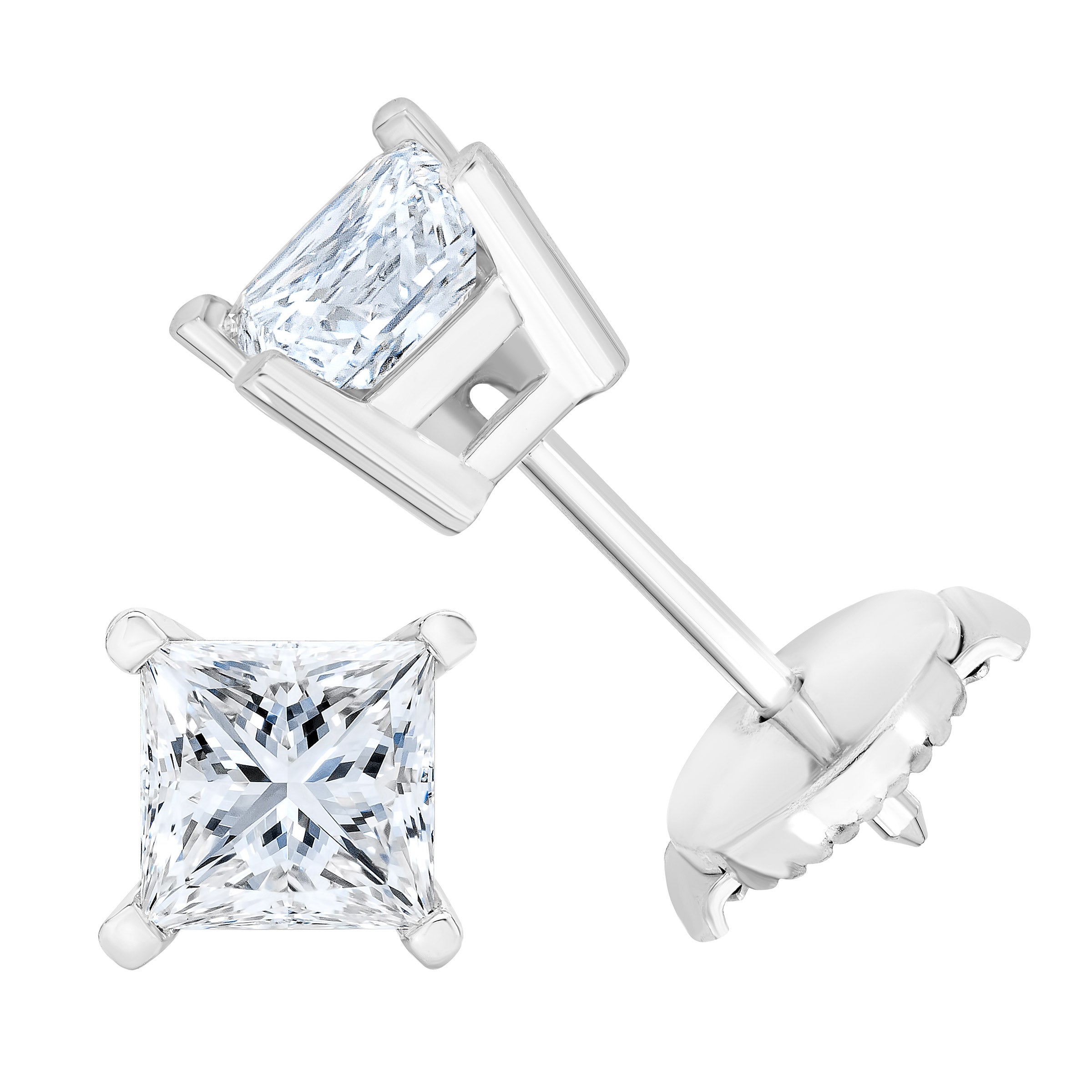 14KT WHITE GOLD VS2 I 1.00CTW PRINCESS CUT DIAMOND STUD EARRINGS - Image 1