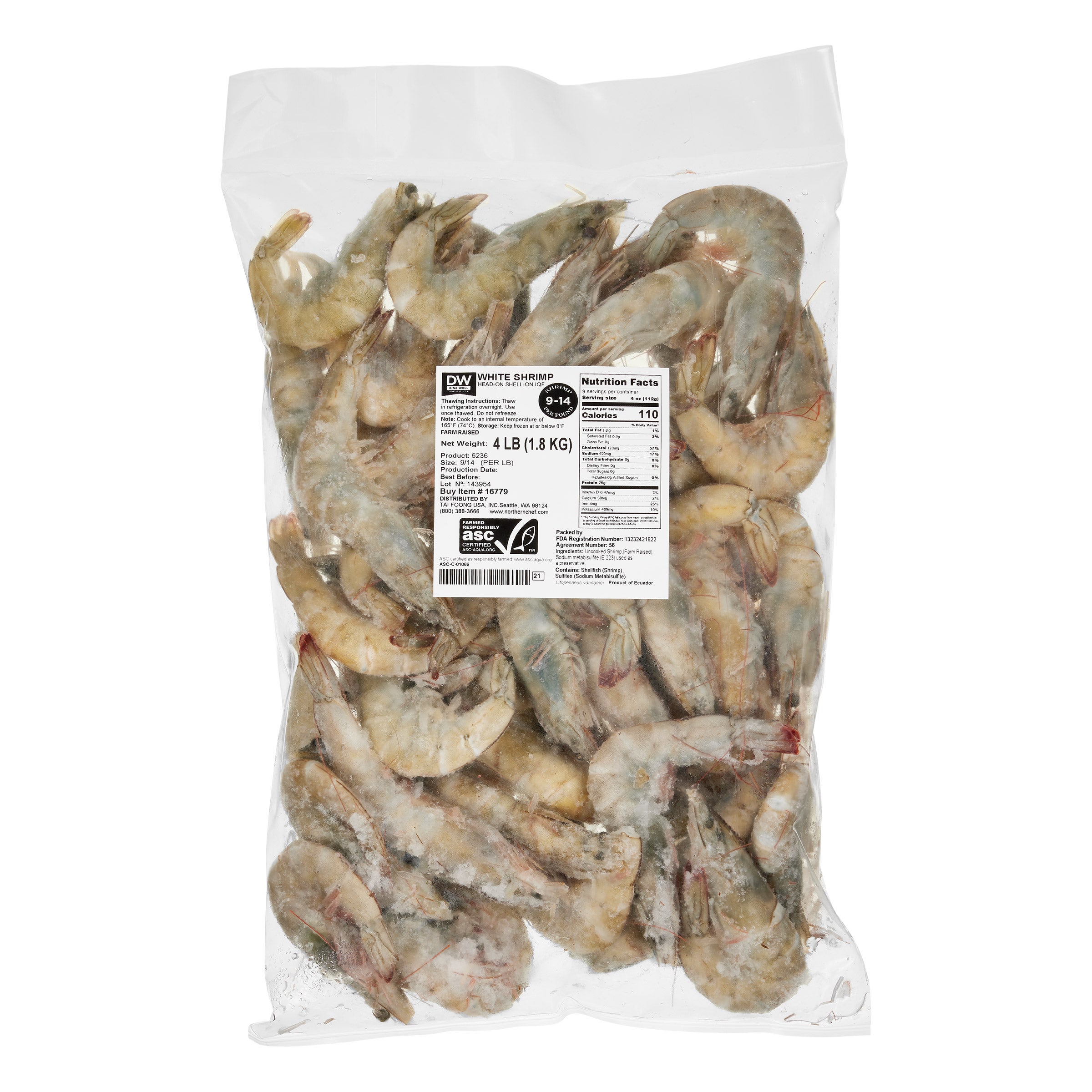 WHOLE HEAD ON FARMED WHITE SHRIMP 9/14 CT 4 LB BAG