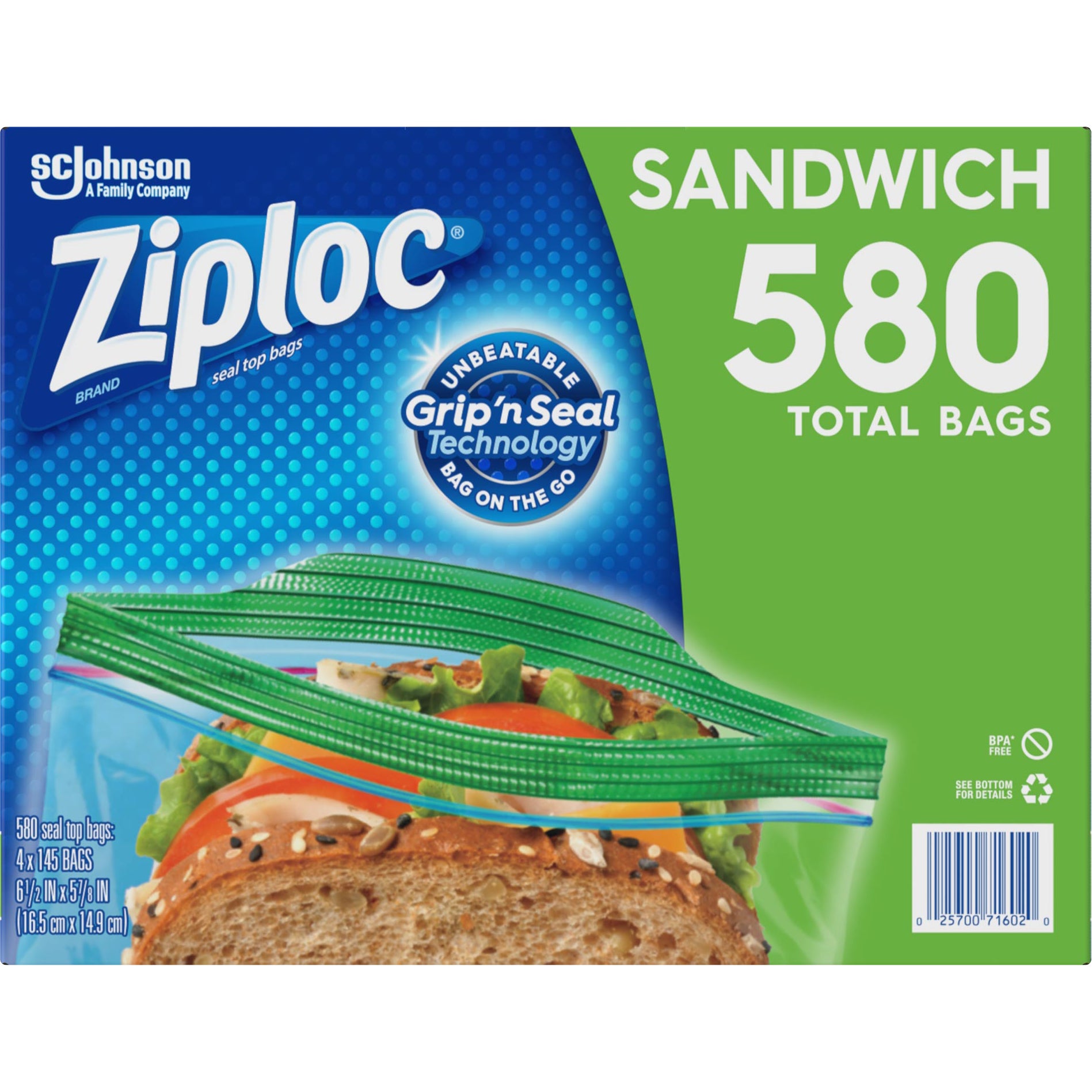 ZIPLOC SANDWICH BAGS 4/145CT (580 TOTAL) - Image 1