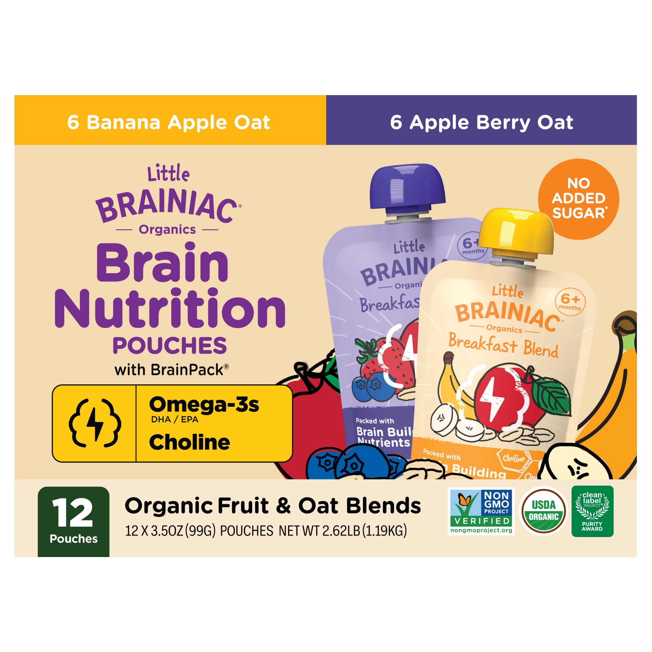 LITTLE BRAINIAC ORGANIC FRUIT & OAT POUCH 12/3.5 OZ - Image 1