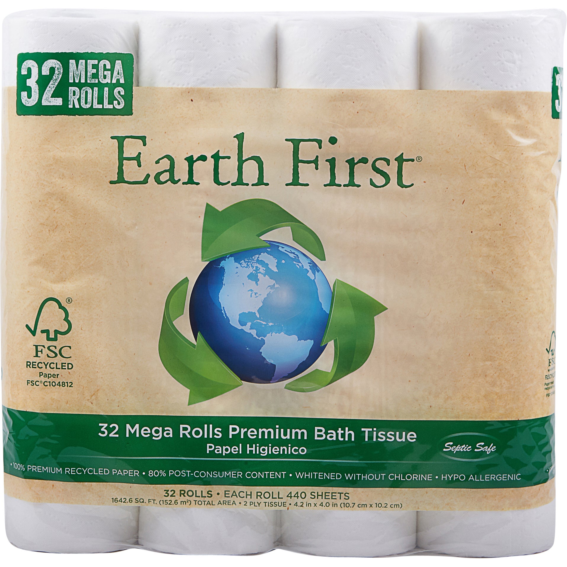 EARTH FIRST RECYCLED BATH TISSUE 32 ROLLS / 440 SHEETS