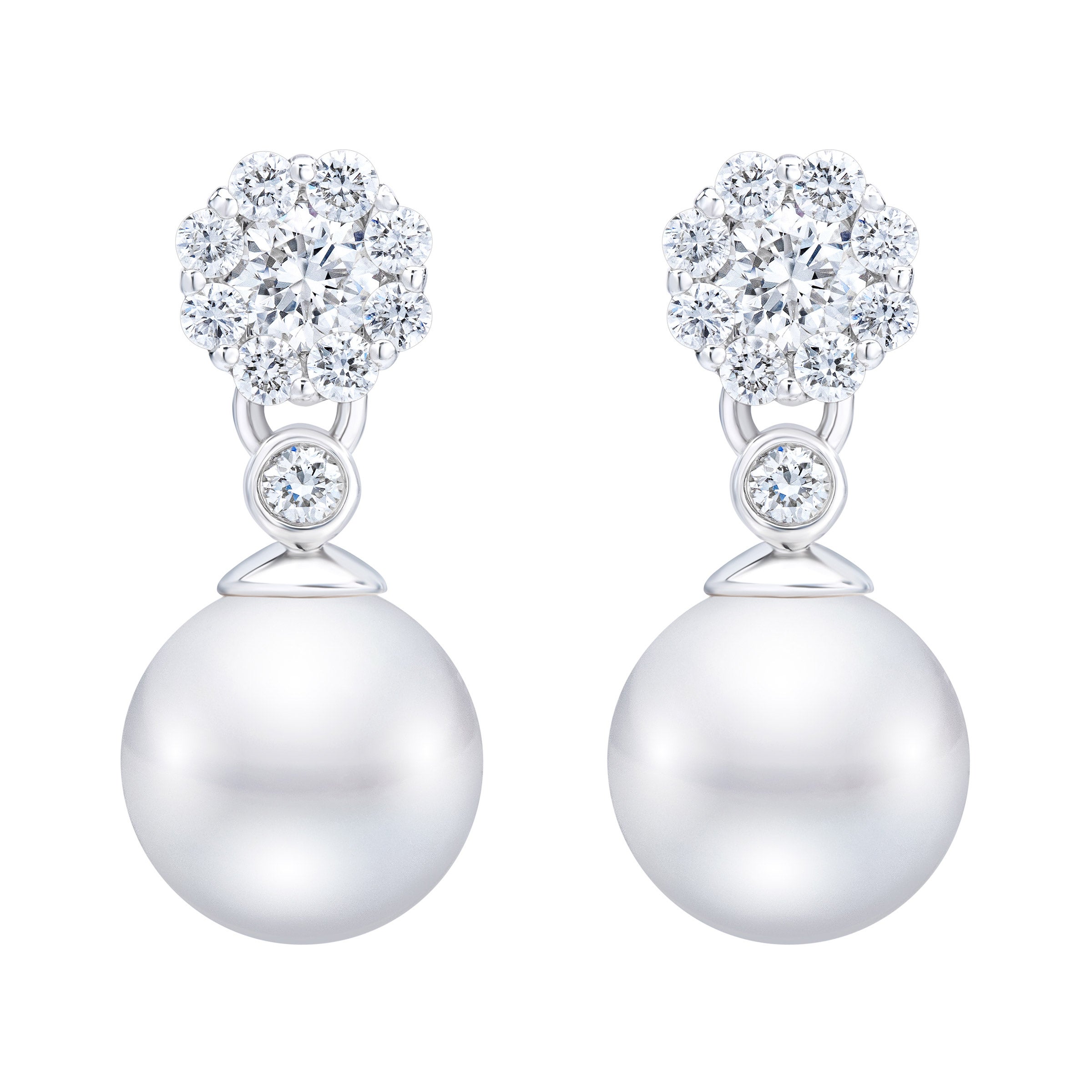 14KT GOLD & DIAMOND AKOYA CULTURED PEARL 7-7.5MM EARRINGS - Image 1