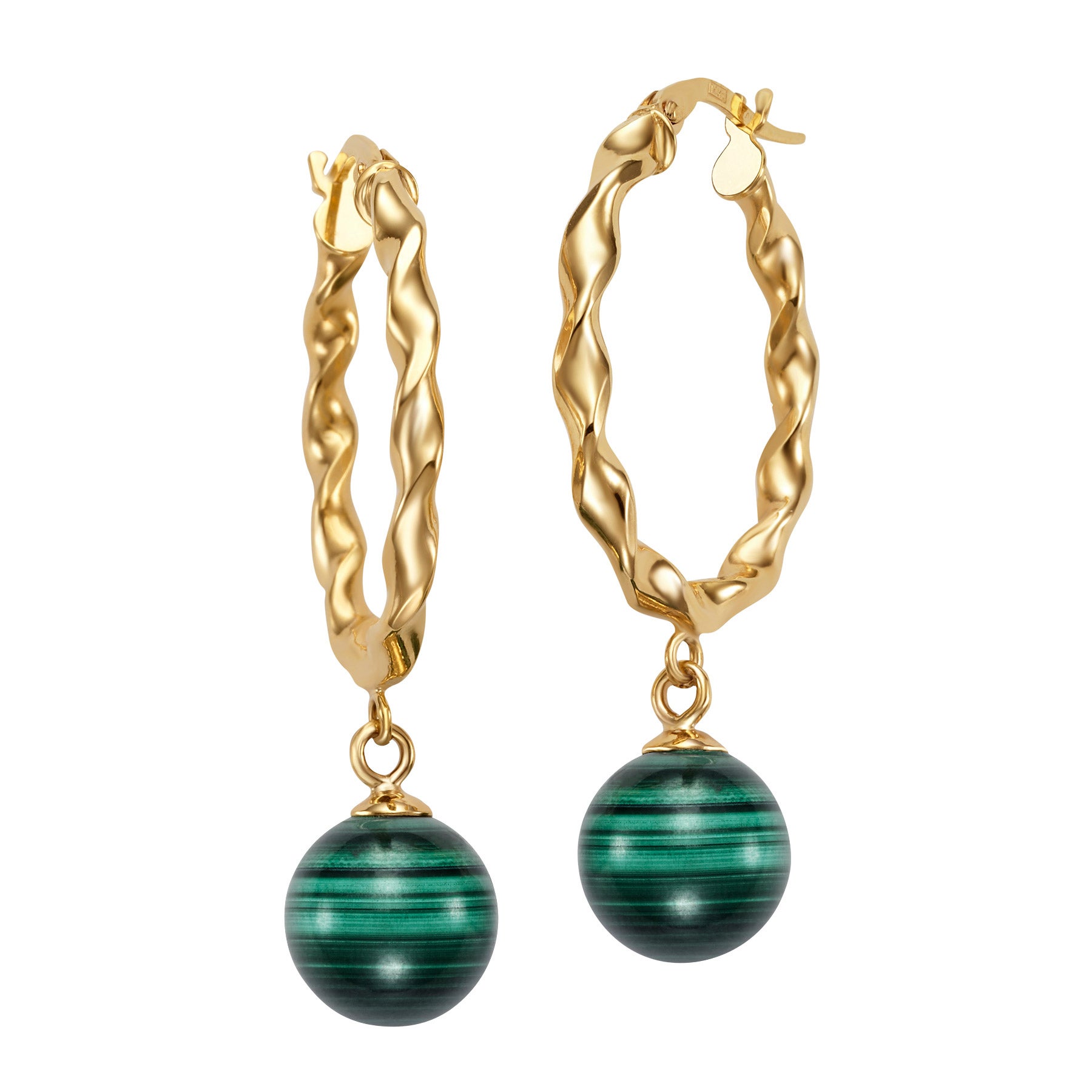 14KT YELLOW GOLD 10MM MALACHITE TWIST OVAL HOOP EARRINGS - Image 1