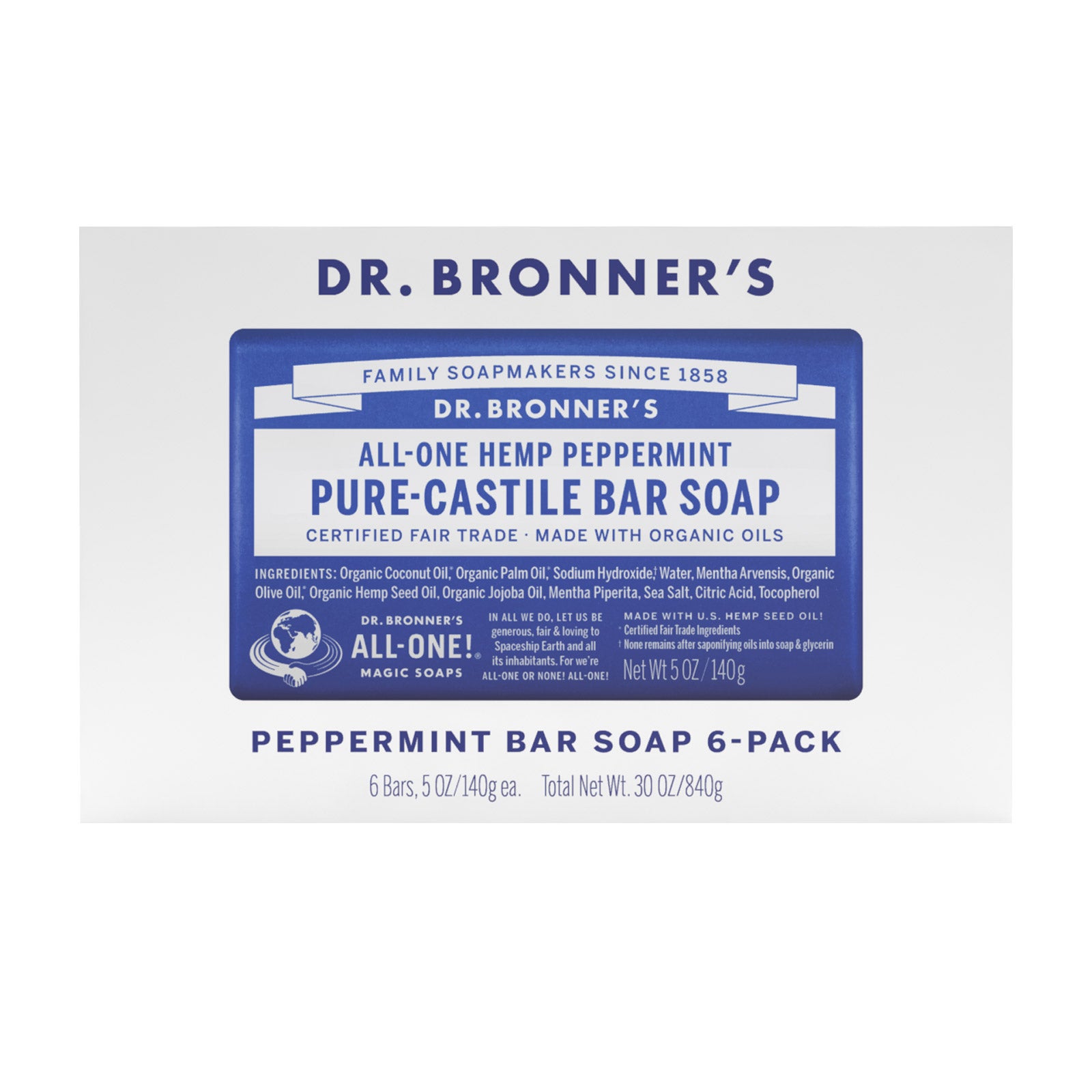 DR. BRONNER'S PEPPERMINT BAR SOAP 6/5OZ BARS