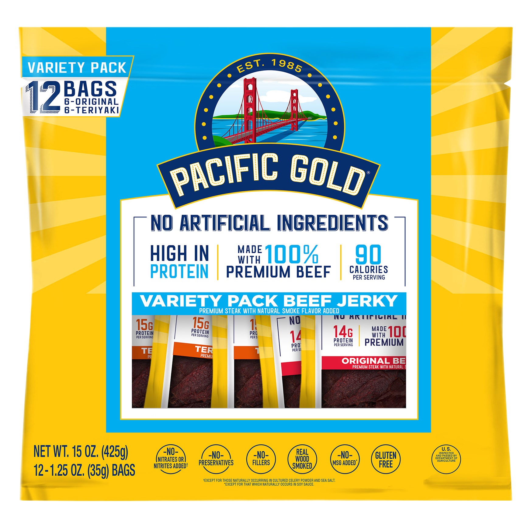 PACIFIC GOLD JERKY ORIGINAL AND TERIYAKI 12 PACK 1.25 OUNCES EA - Image 1