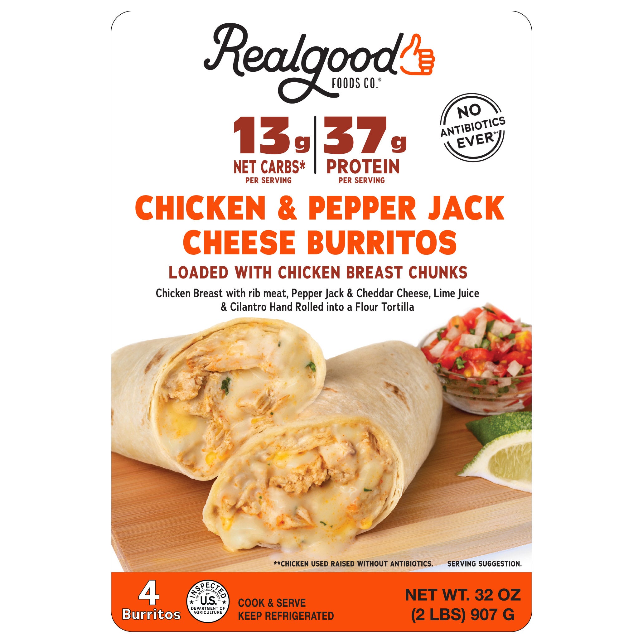 REAL GOOD FOOD CHICKEN & PEPPERJACK BURRITOS 32 OZ