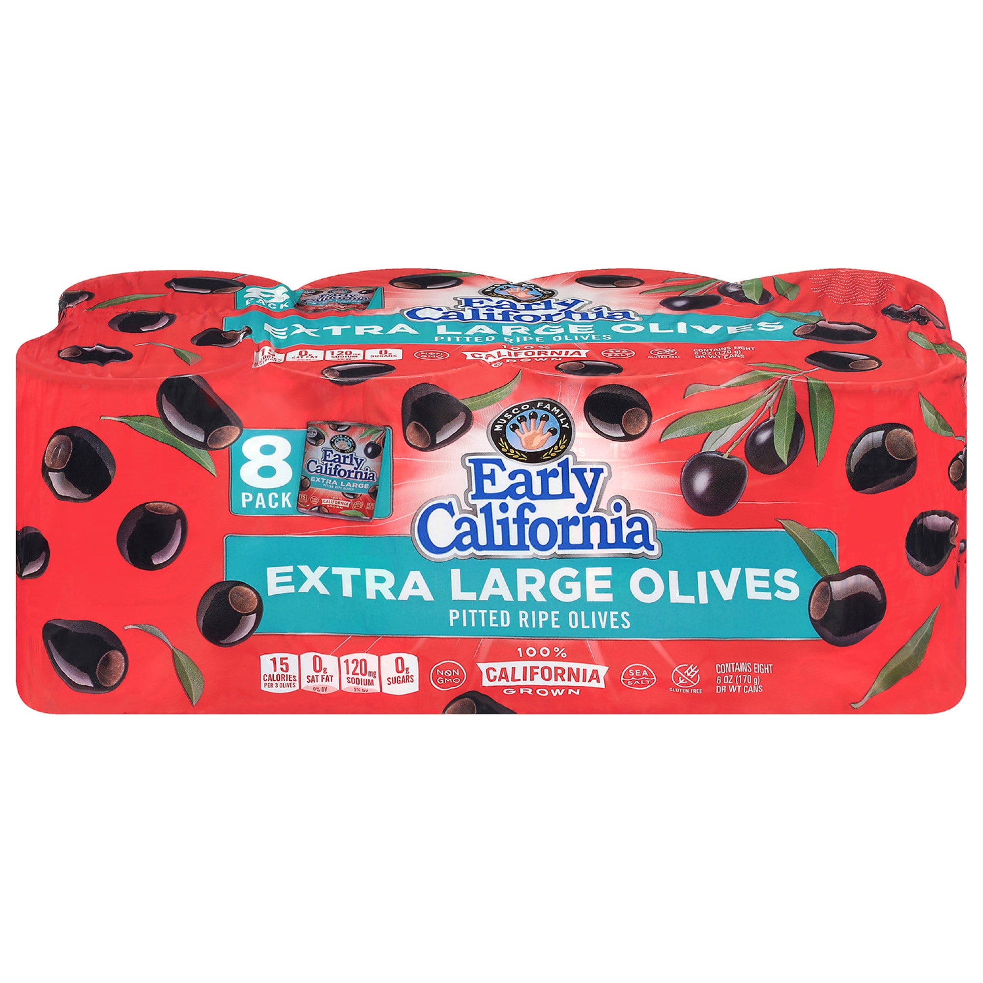 EARLY CALIFORNIA X-LARGE PITTED BLACK OLIVES 8/6 OZ