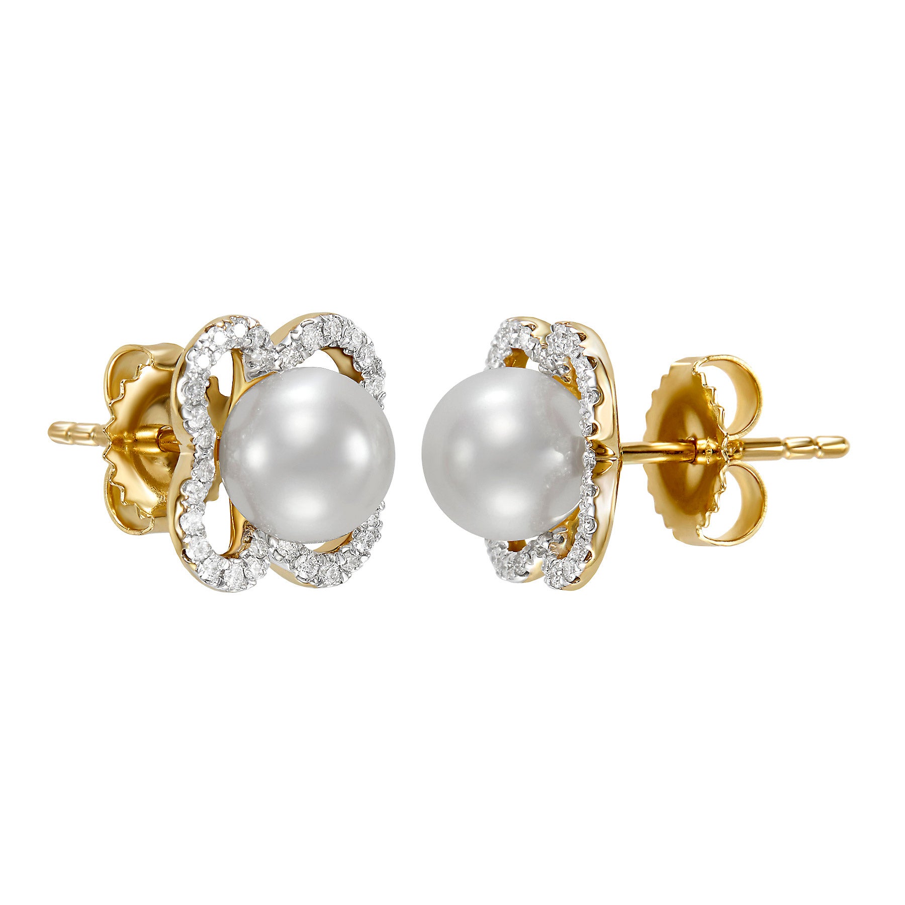 14KT GOLD & DIAMOND FRESHWATER CULTURED PEARL 6.5-7MM EARRINGS - Image 1