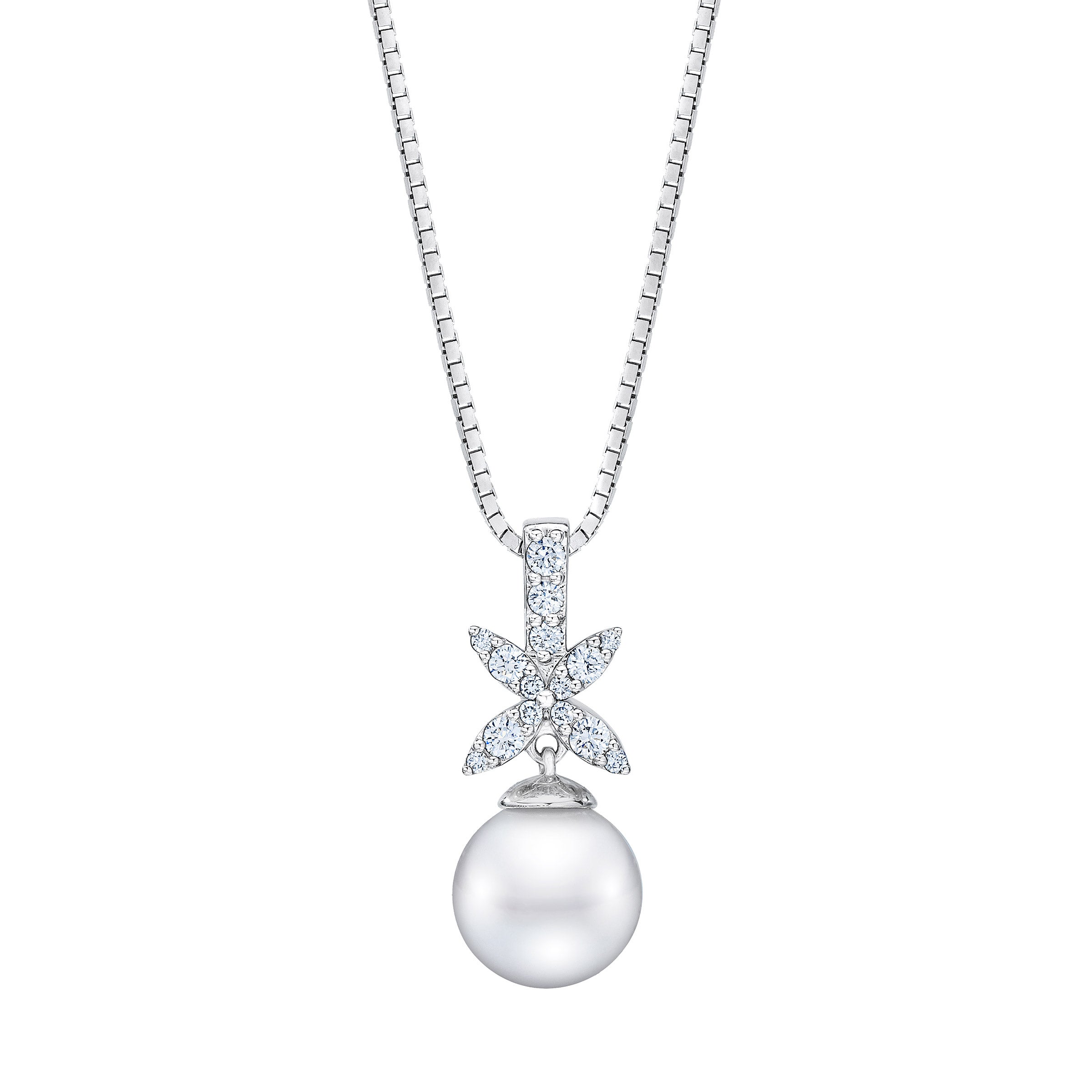 14KT GOLD .22CTW DIA 9-10MM FRESHWATER CULTURED PEARL NECKLAC - Image 1