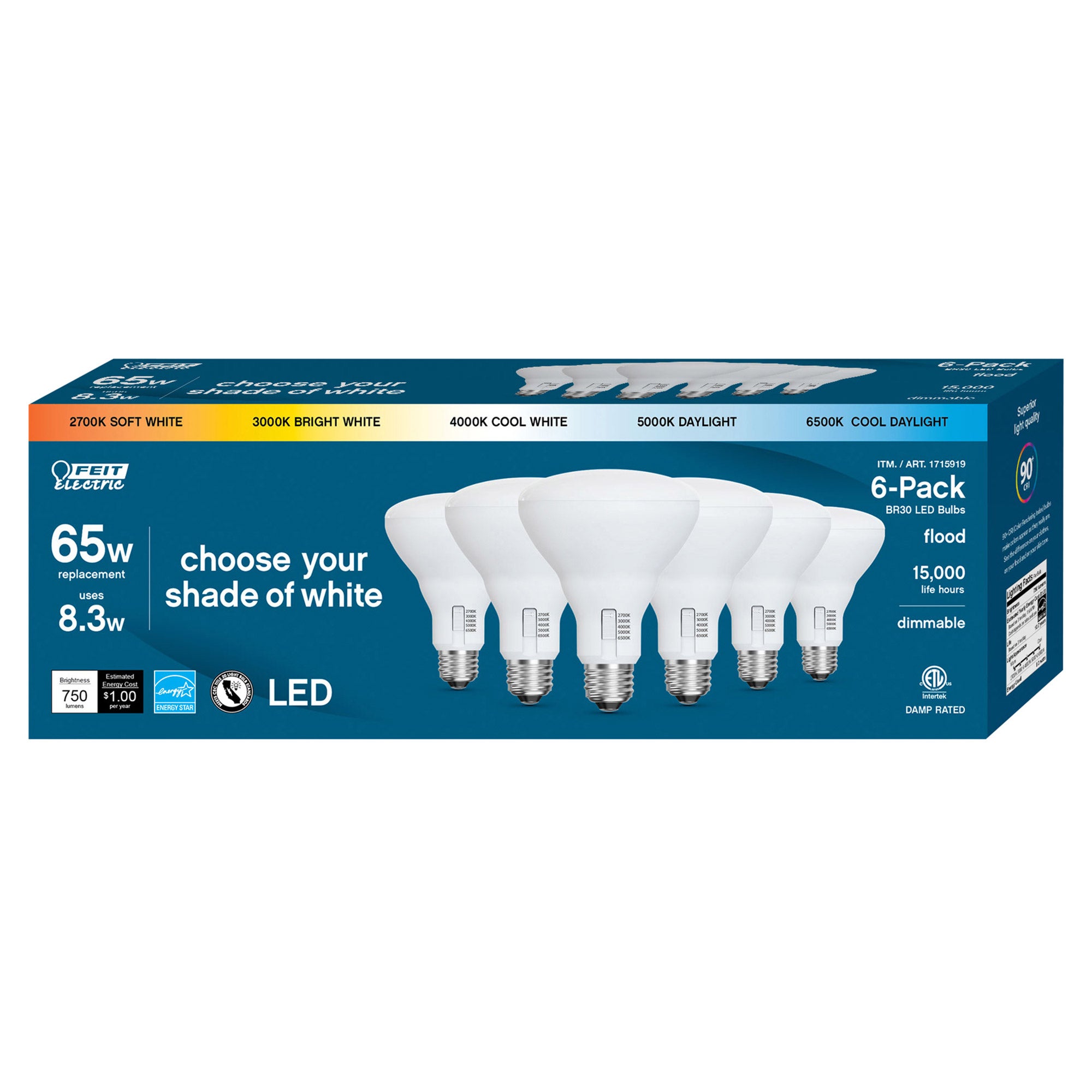 FEIT ELECTRIC LED 65W REPLACEMENT BR30 FLOOD 5-CCT 6PK ^
