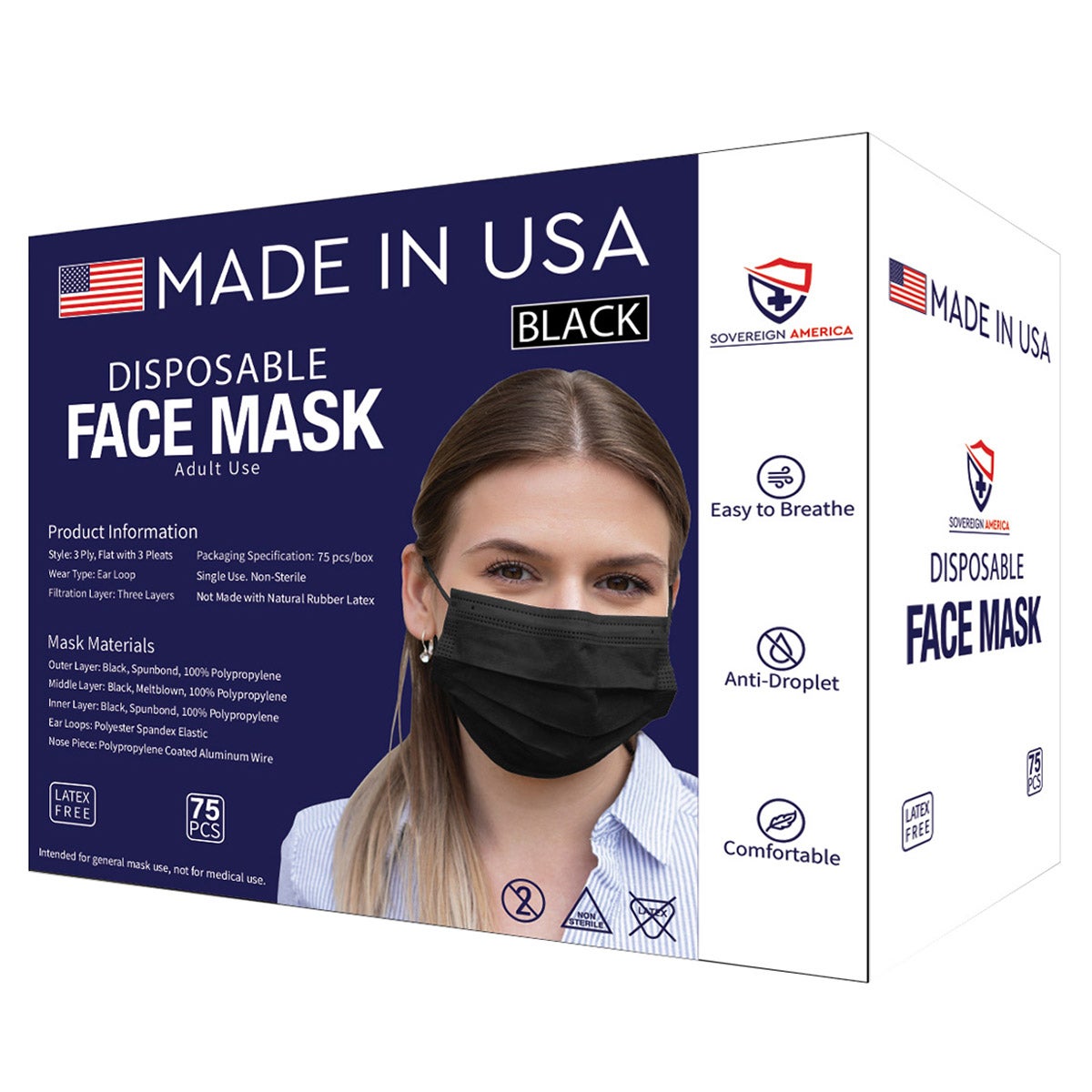GENERAL USE FACE MASK 75CT BLACK MADE IN USA