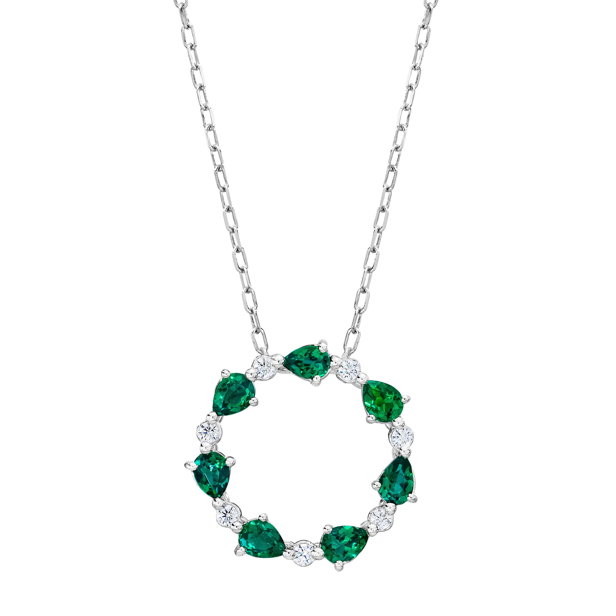 14KT WHITE GOLD .13CTW VS2 I DIAMOND & 4X3MM LAB EMBERALD NECKLACE - Image 1