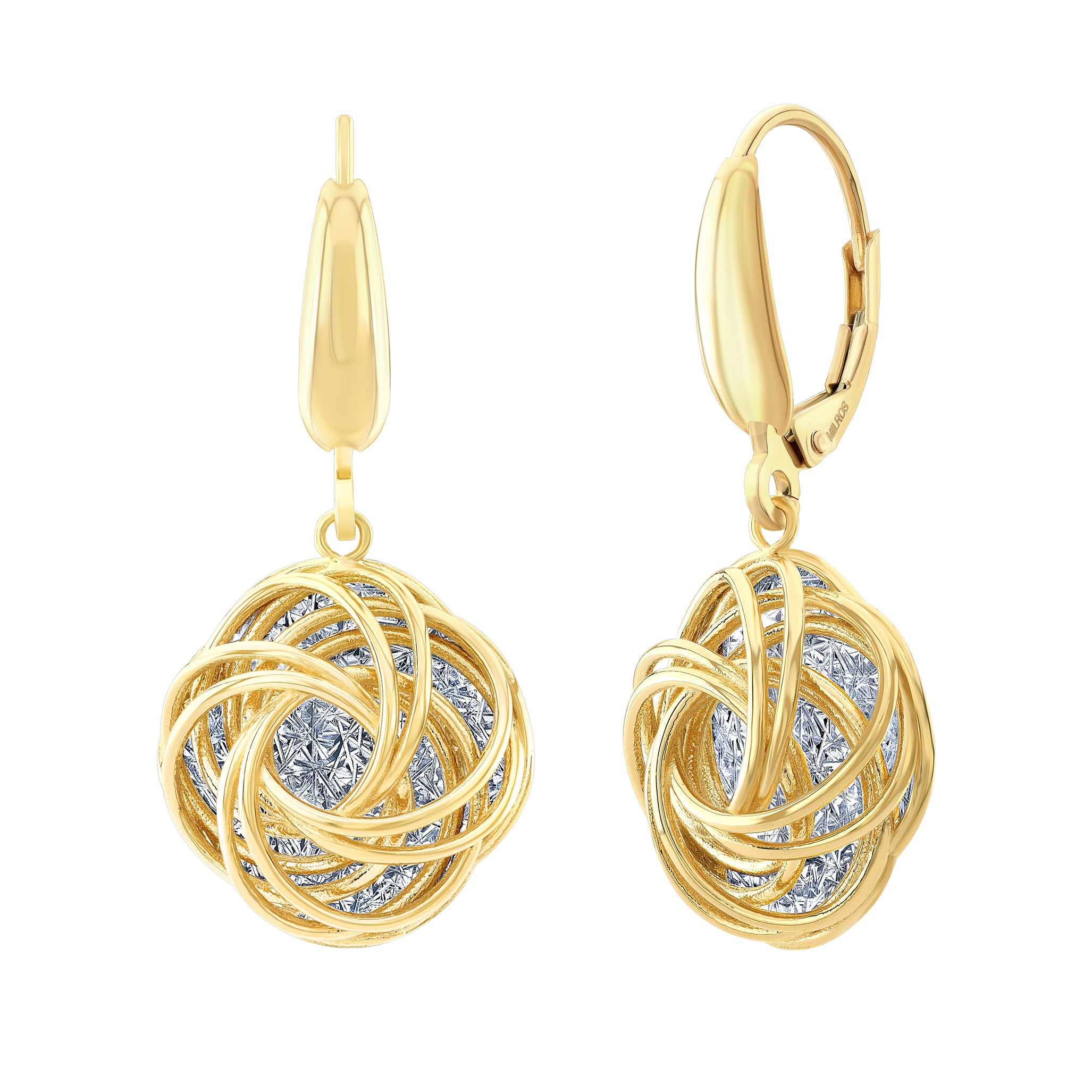 14KT TWO TONED GOLD DIAMOND CUT FLOWER DANGLE EARRINGS - Image 1